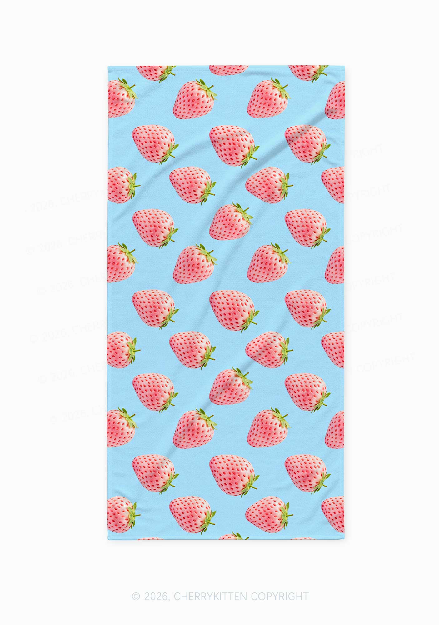 Pink Strawberry On Blue Y2K Beach Towel Cherrykitten