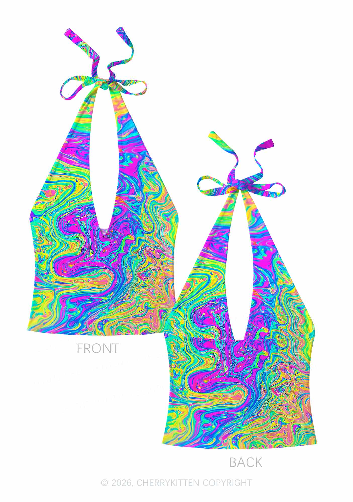 Rainbow Fluid Swirl Y2K Print Halter Deep V Neck Cami Cherrykitten
