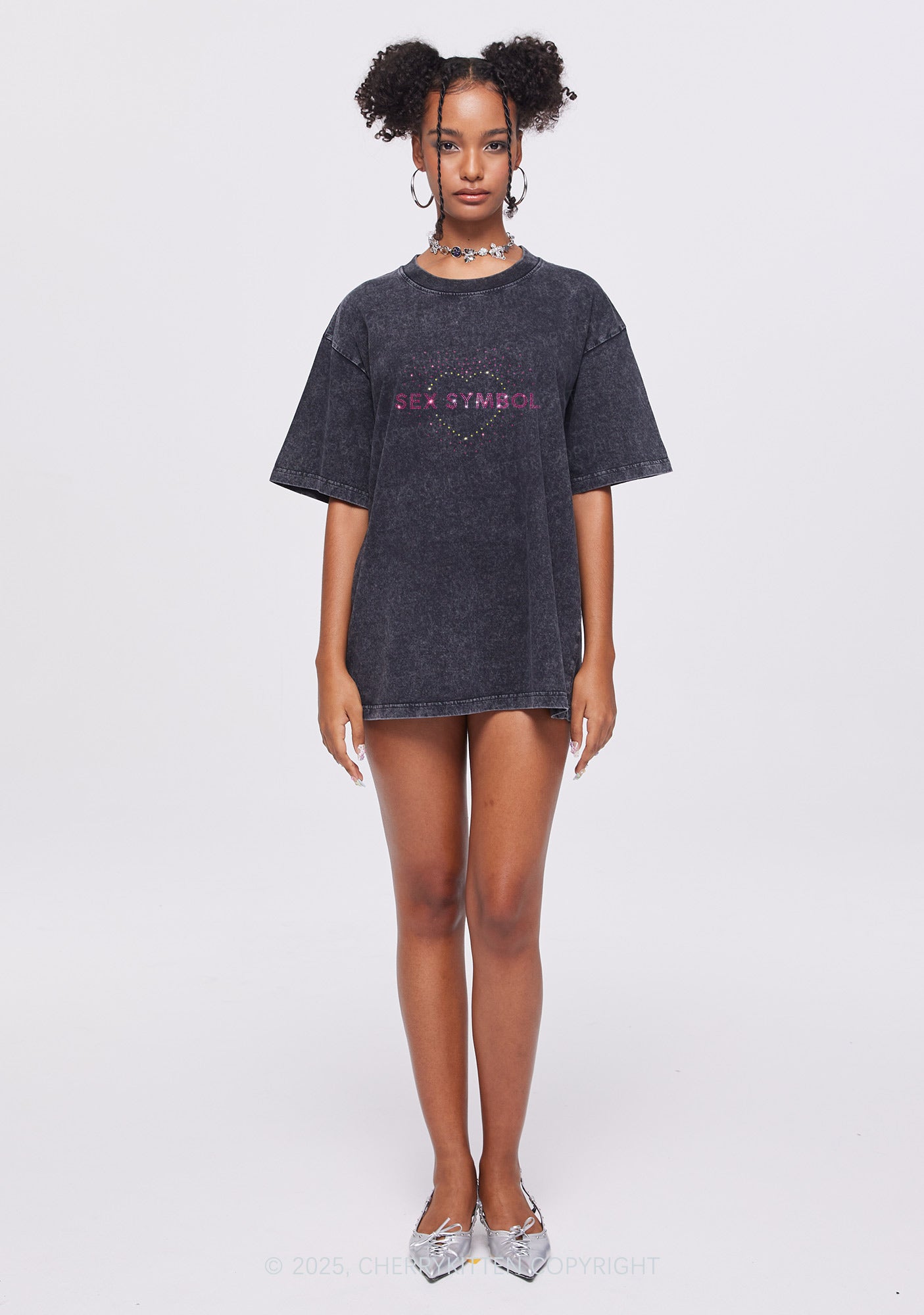 Rhinestone Sx Symbol Y2K Shirts Washed Tee Cherrykitten
