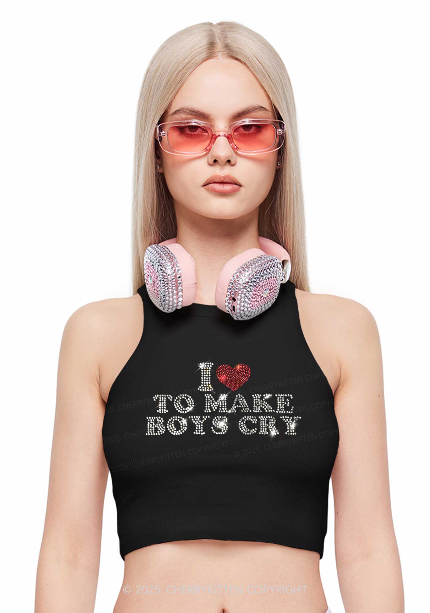 Rhinestone Love To Make Boys Cry Y2K Crop Tank Top Cherrykitten