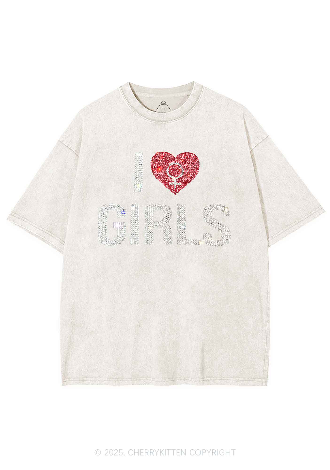 Rhinestone I Love Girls Pride Y2K Shirts Washed Tee Cherrykitten