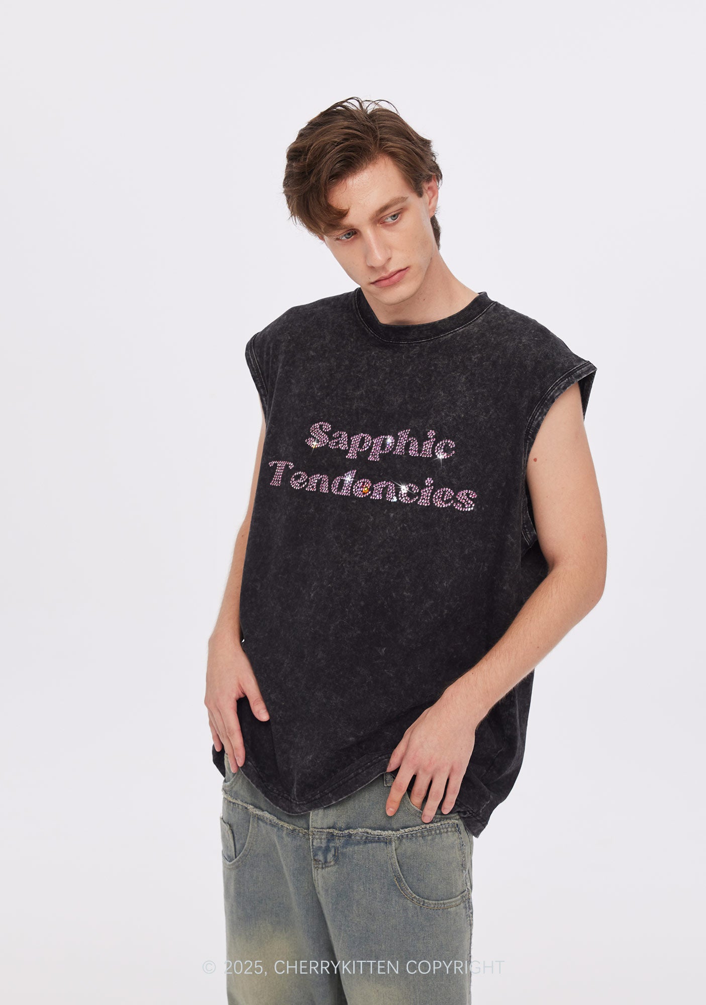 Rhinestone Sapphic Tendencies Pride Y2K Washed Muscle Tank Cherrykitten