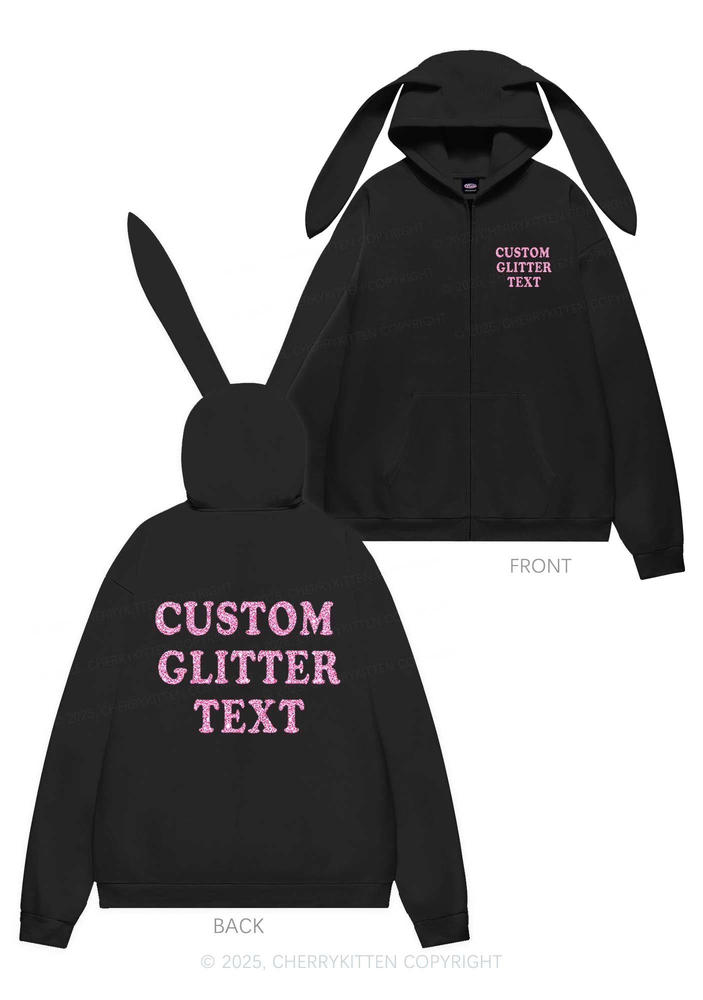 Custom Text Glitter Y2K Bunny Ear Zip Hoodie Cherrykitten
