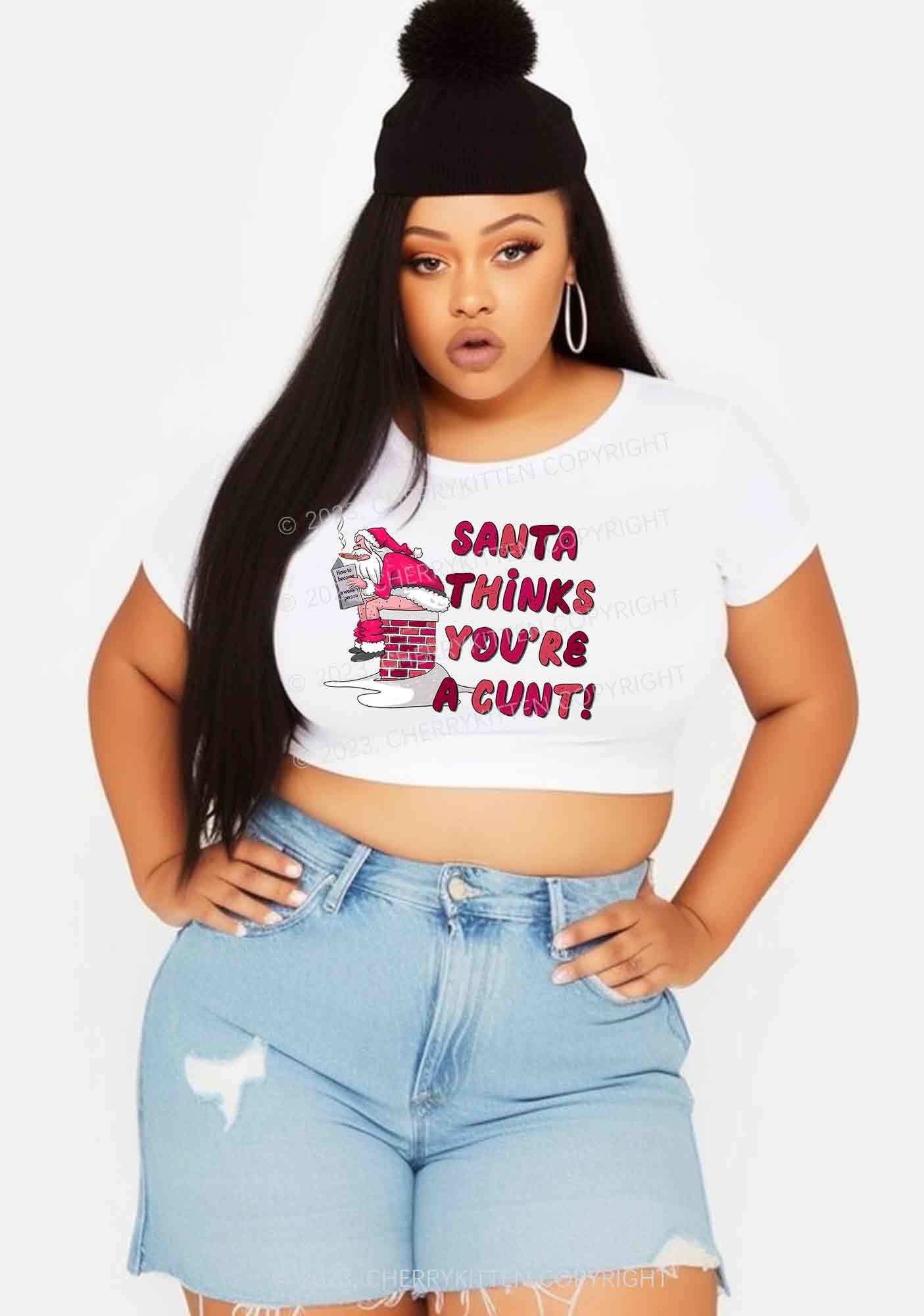 Santa Thinks You're  A Cxxt Christmas Baby Tee Cherrykitten