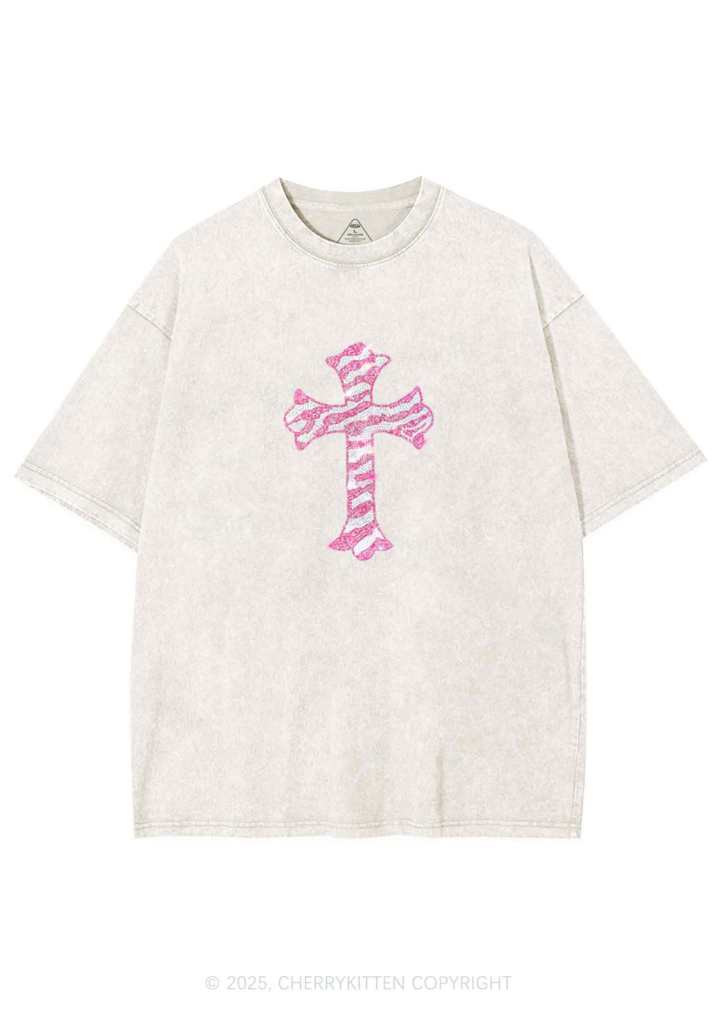 Rhinestone Pink Cross Y2K Shirts Washed Tee Cherrykitten