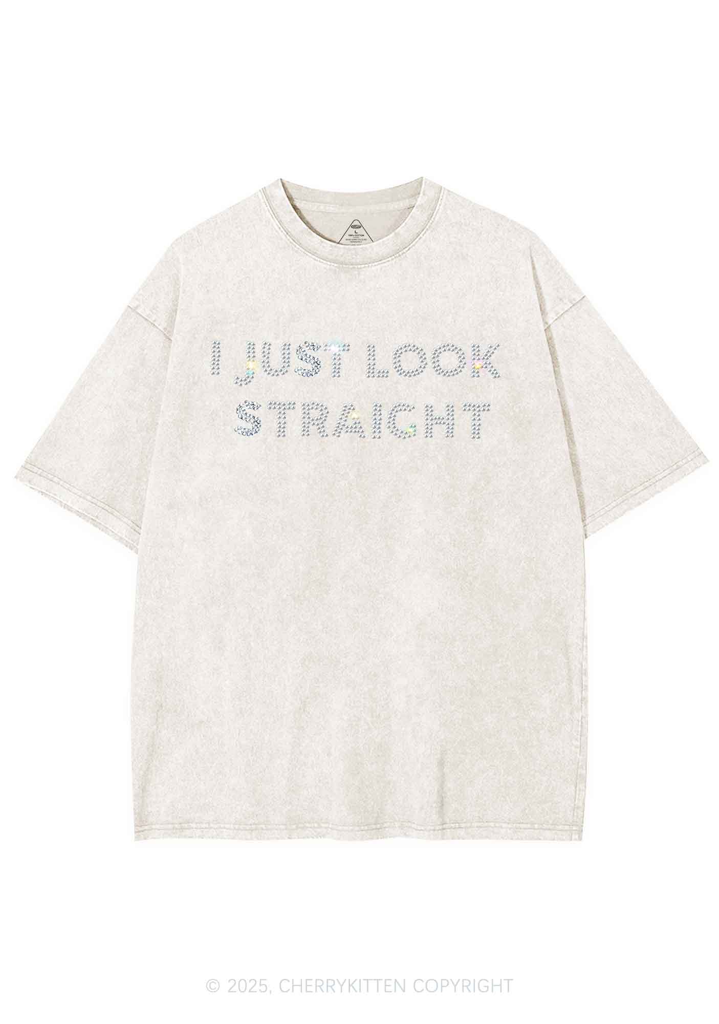 Rhinestone I Just Look Straight Pride Y2K Shirts Washed Tee Cherrykitten