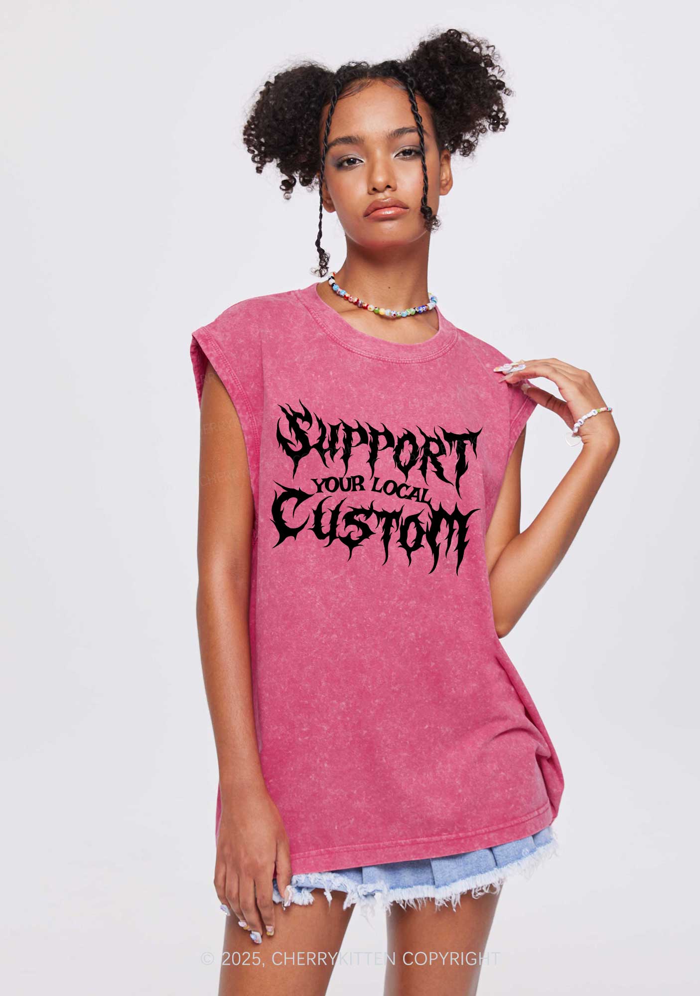 Custom Support Your Local Y2K Washed Muscle Tank Cherrykitten