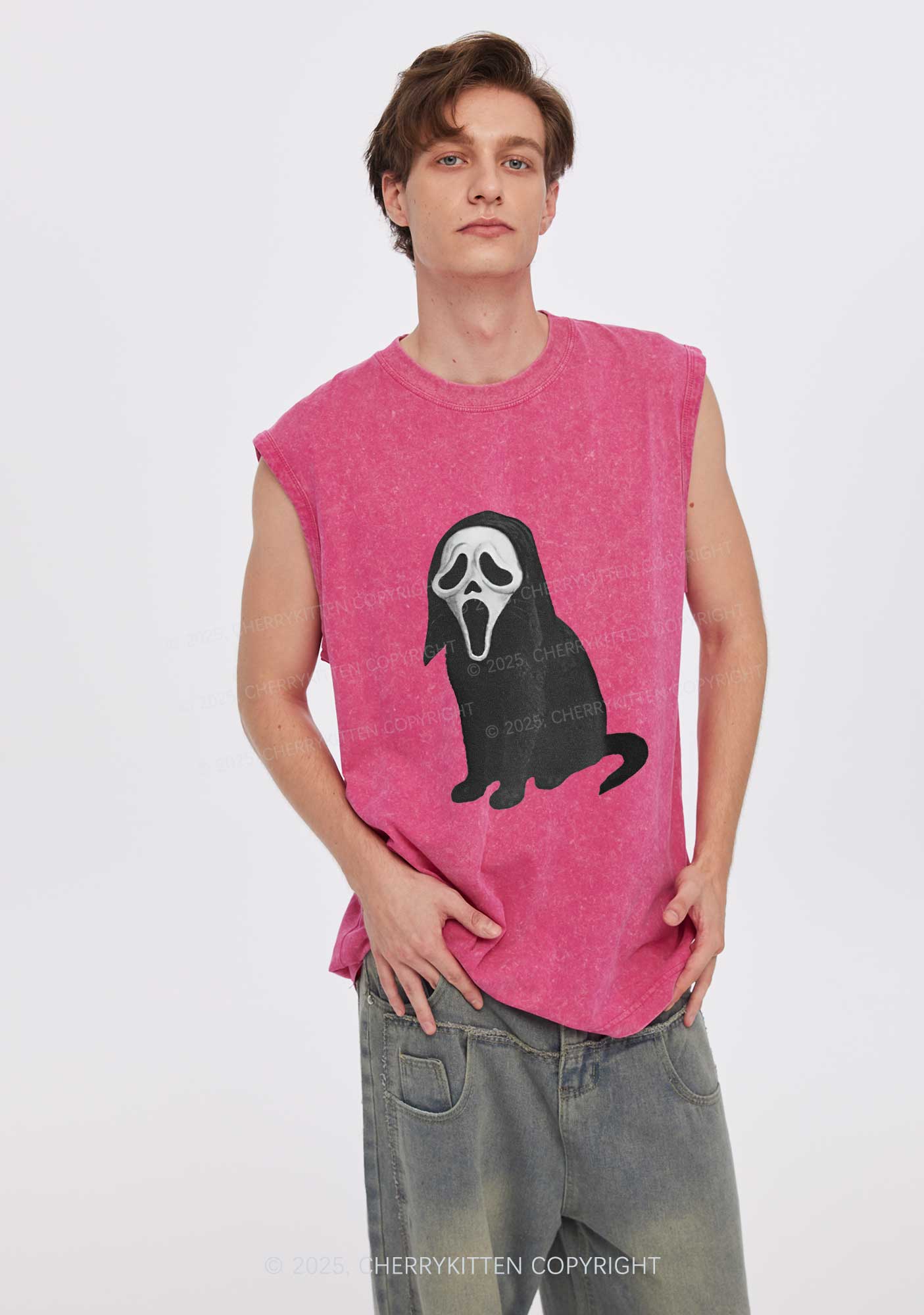 Halloween Ghostcat Y2K Washed Muscle Tank Cherrykitten