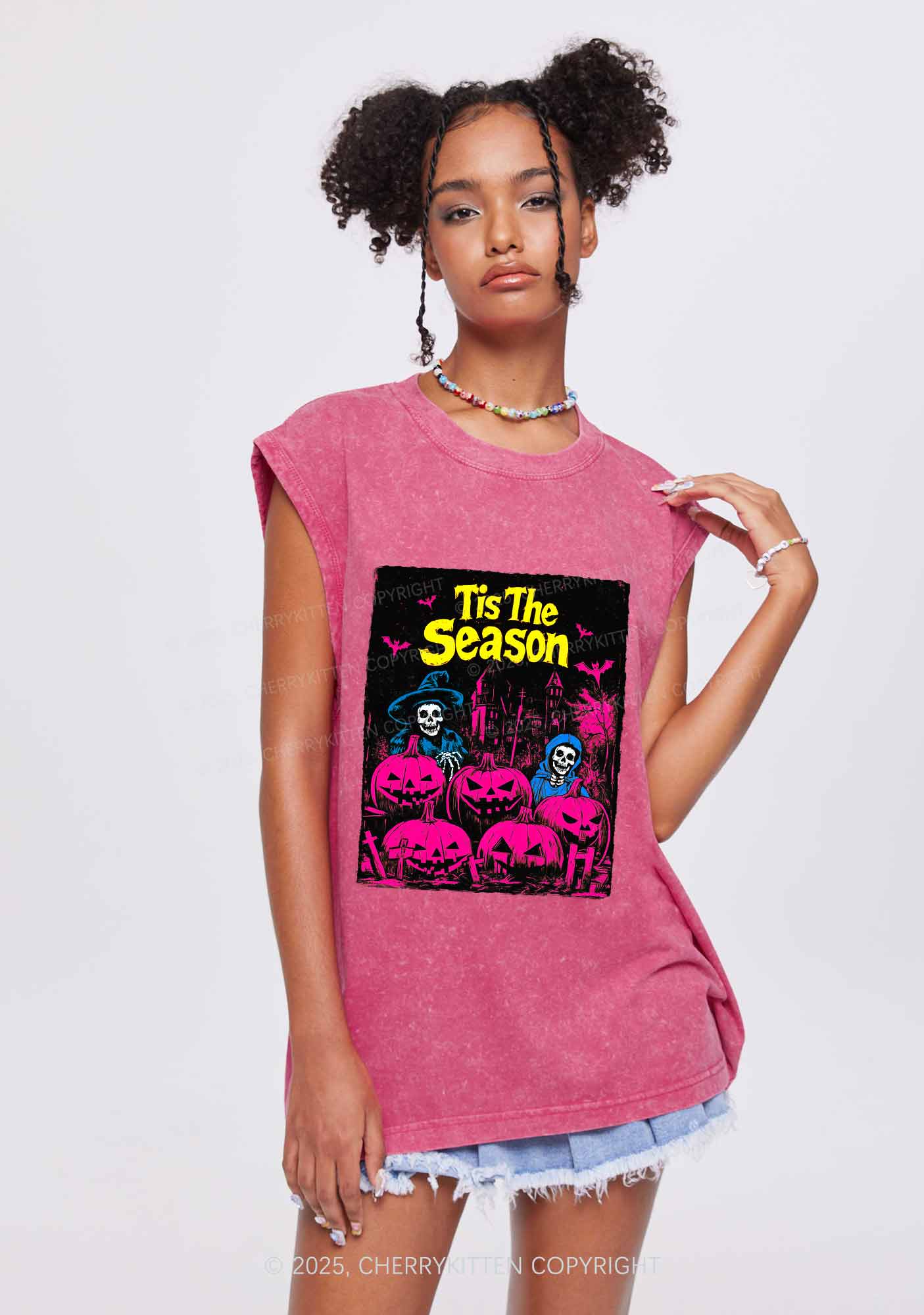 Halloween Tis The Season Skull Y2K Washed Muscle Tank Cherrykitten