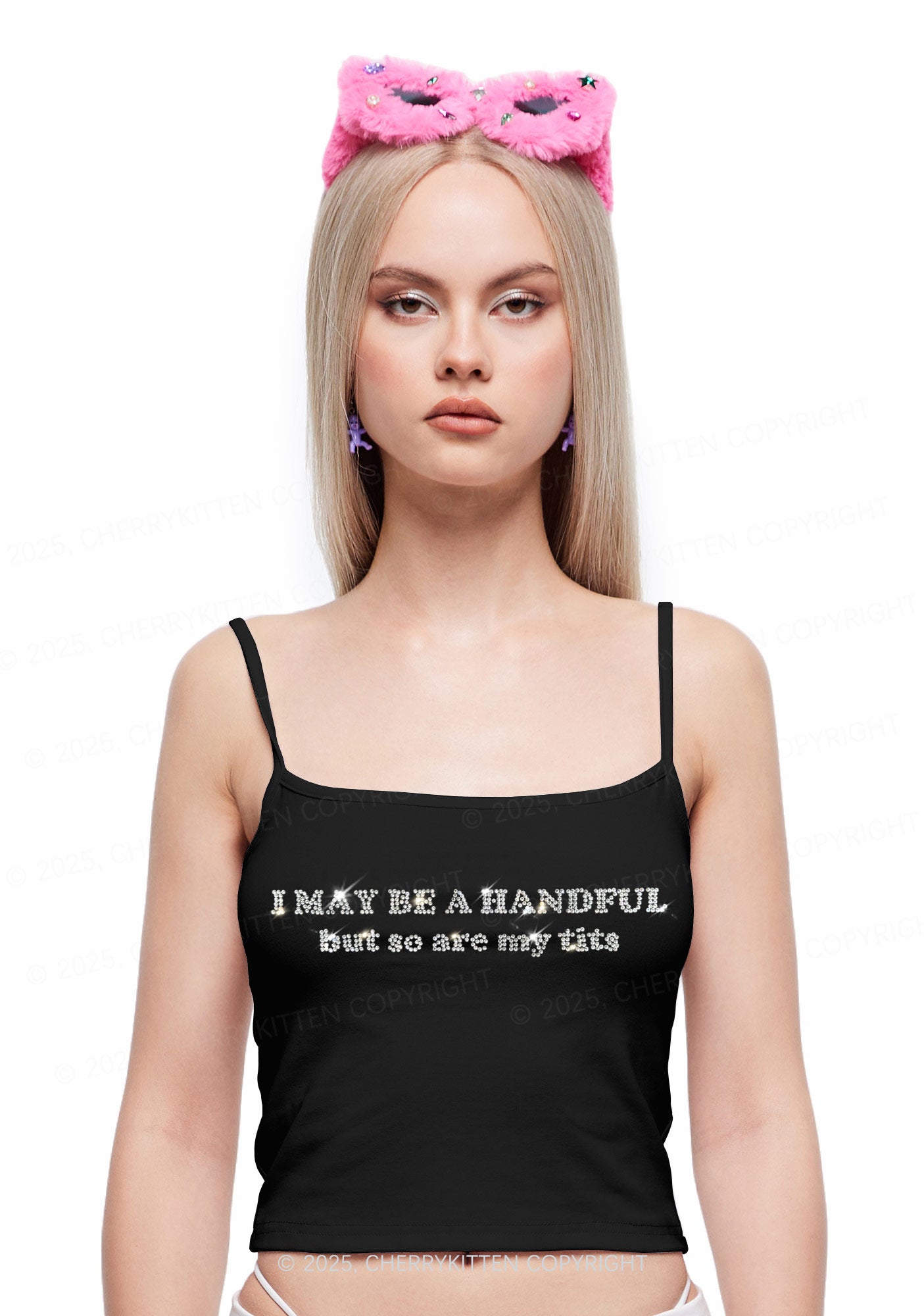 Rhinestone I May Be A Handful Y2K Spaghetti Strap Cami Cherrykitten