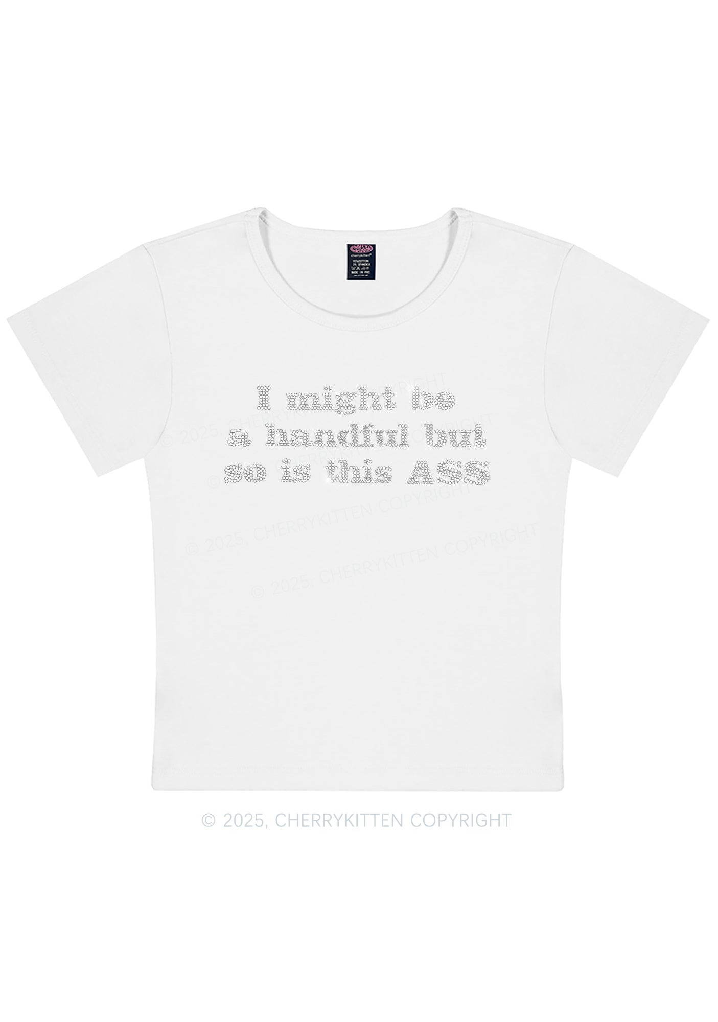 Curvy Rhinestone I Might Be Handful Y2K Baby Tee Cherrykitten