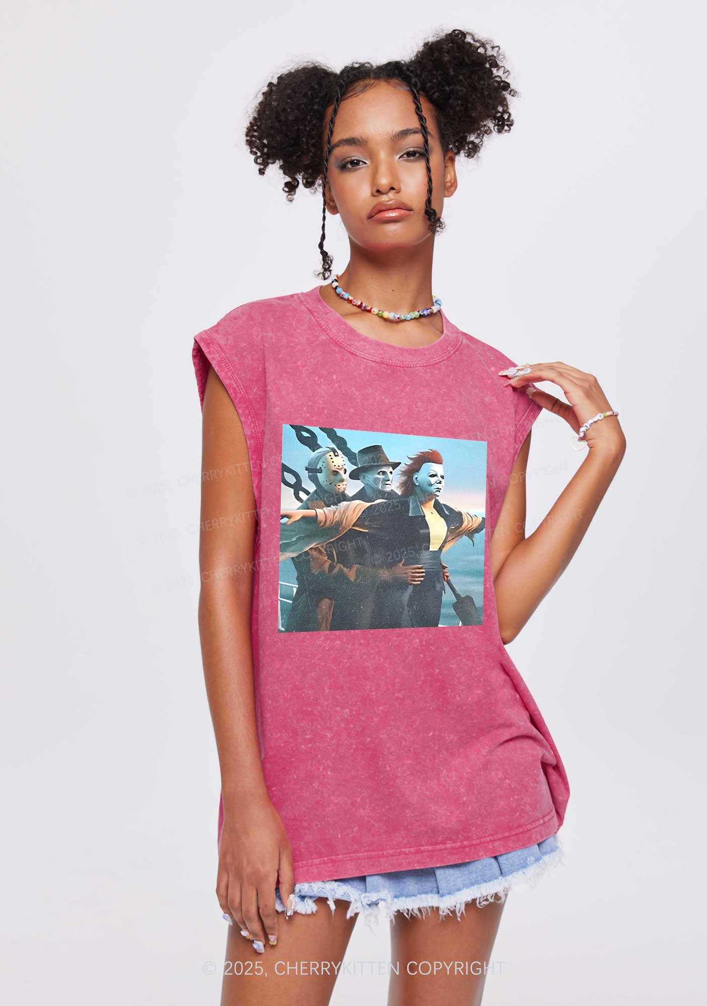Halloween Horror Characters Y2K Washed Muscle Tank Cherrykitten