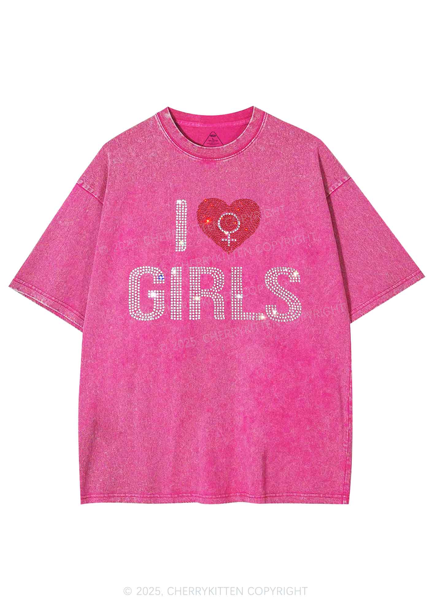 Rhinestone I Love Girls Pride Y2K Shirts Washed Tee Cherrykitten