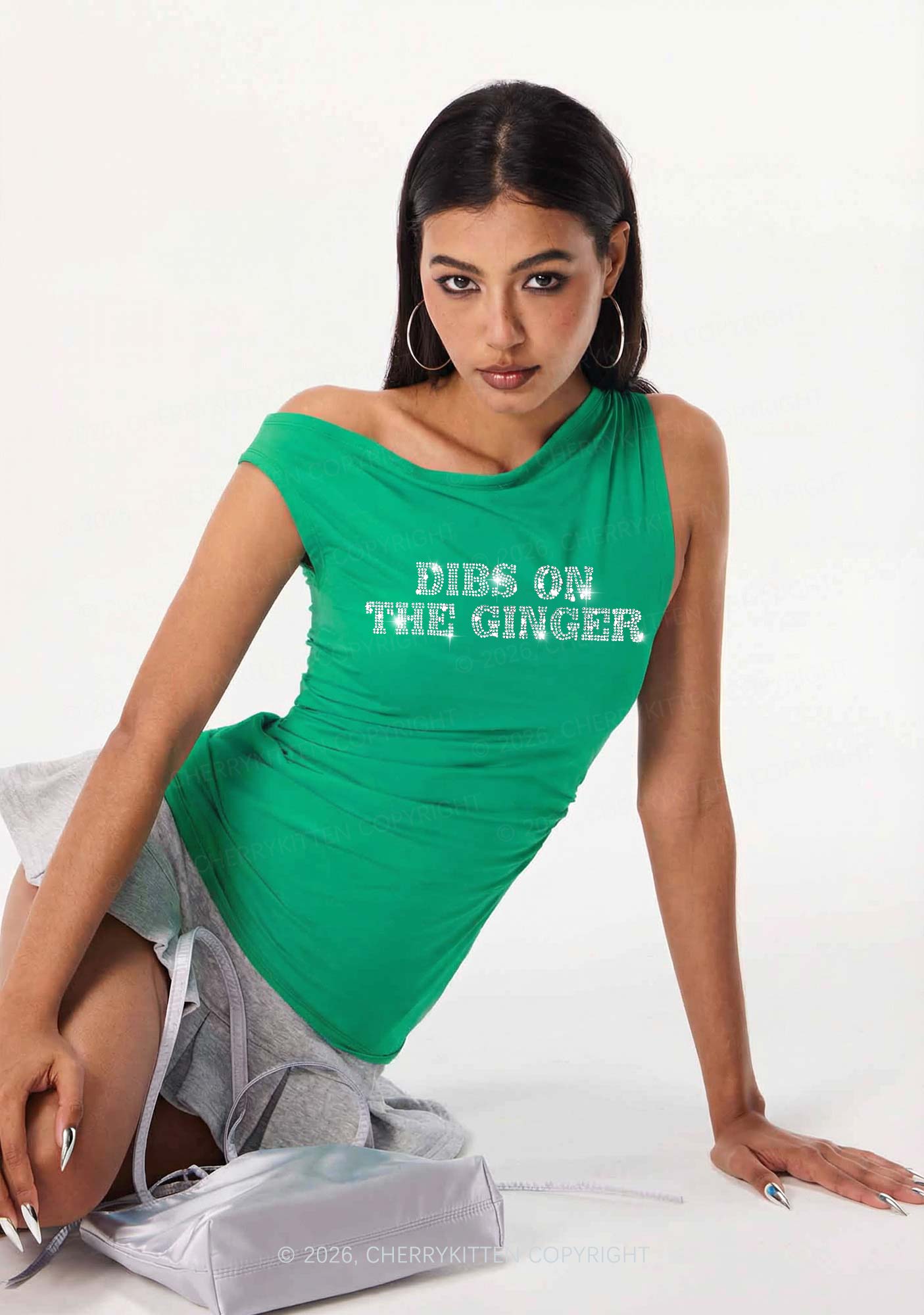 Rhinestone Dibs On The Ginger St Patricks Y2K Off Shoulder Tank Top Cherrykitten