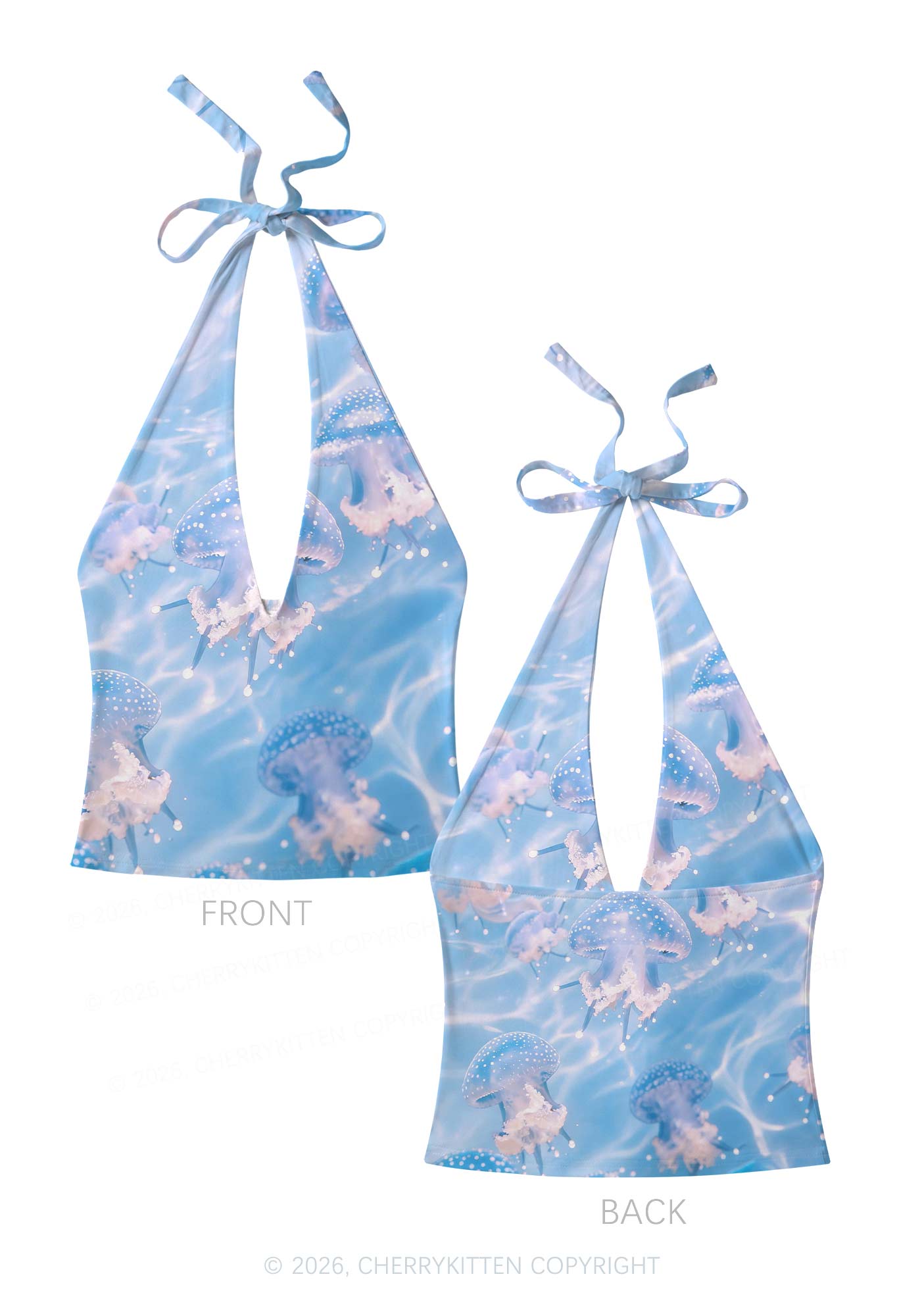 Blue Ocean Jellyfish Y2K Print Halter Deep V Neck Cami Cherrykitten