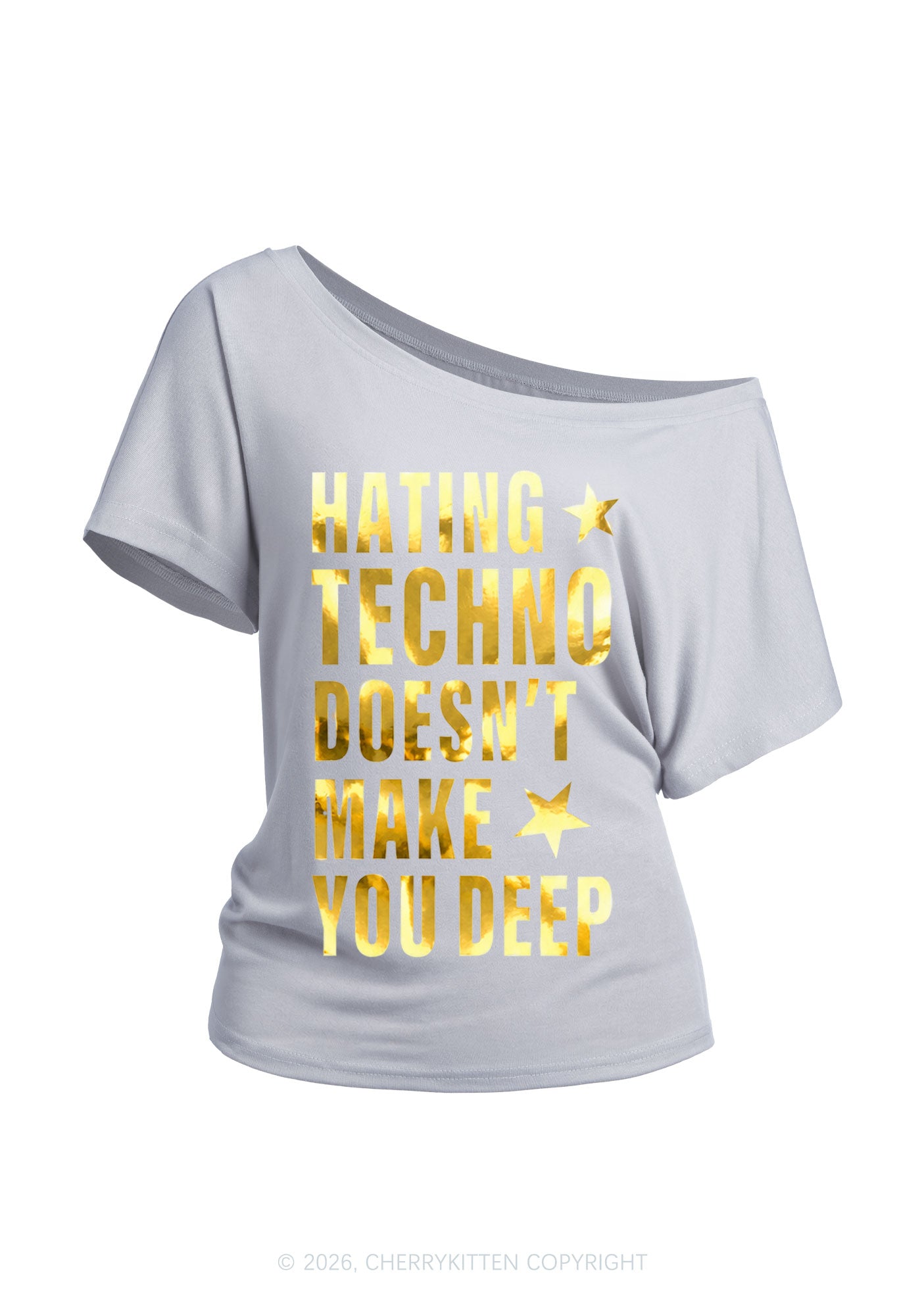 Hating Techno Silver Foil Printed Y2K Off Shoulder Tee Cherrykitten
