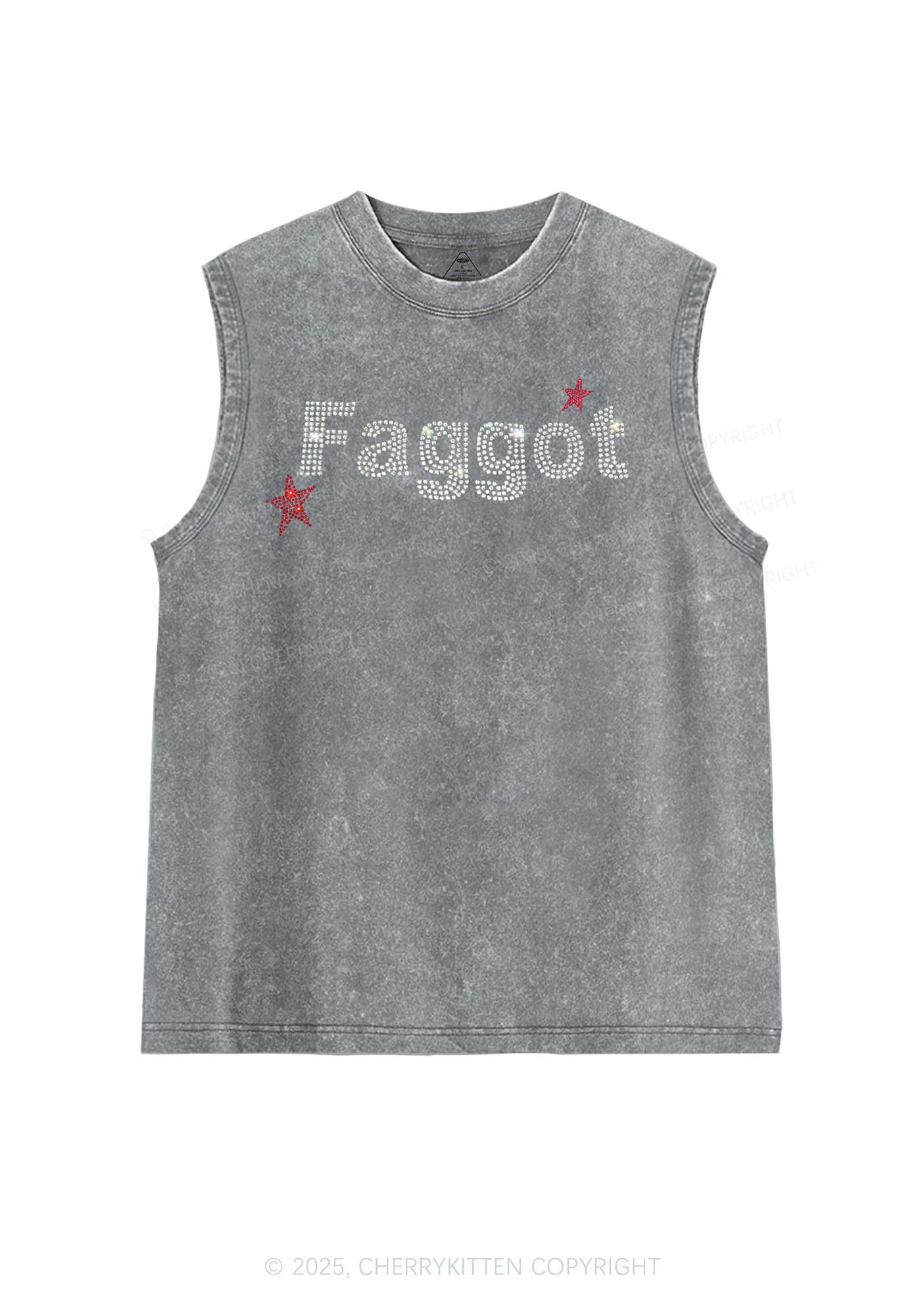 Rhinestone Faggot Pride Y2K Washed Muscle Tank Cherrykitten