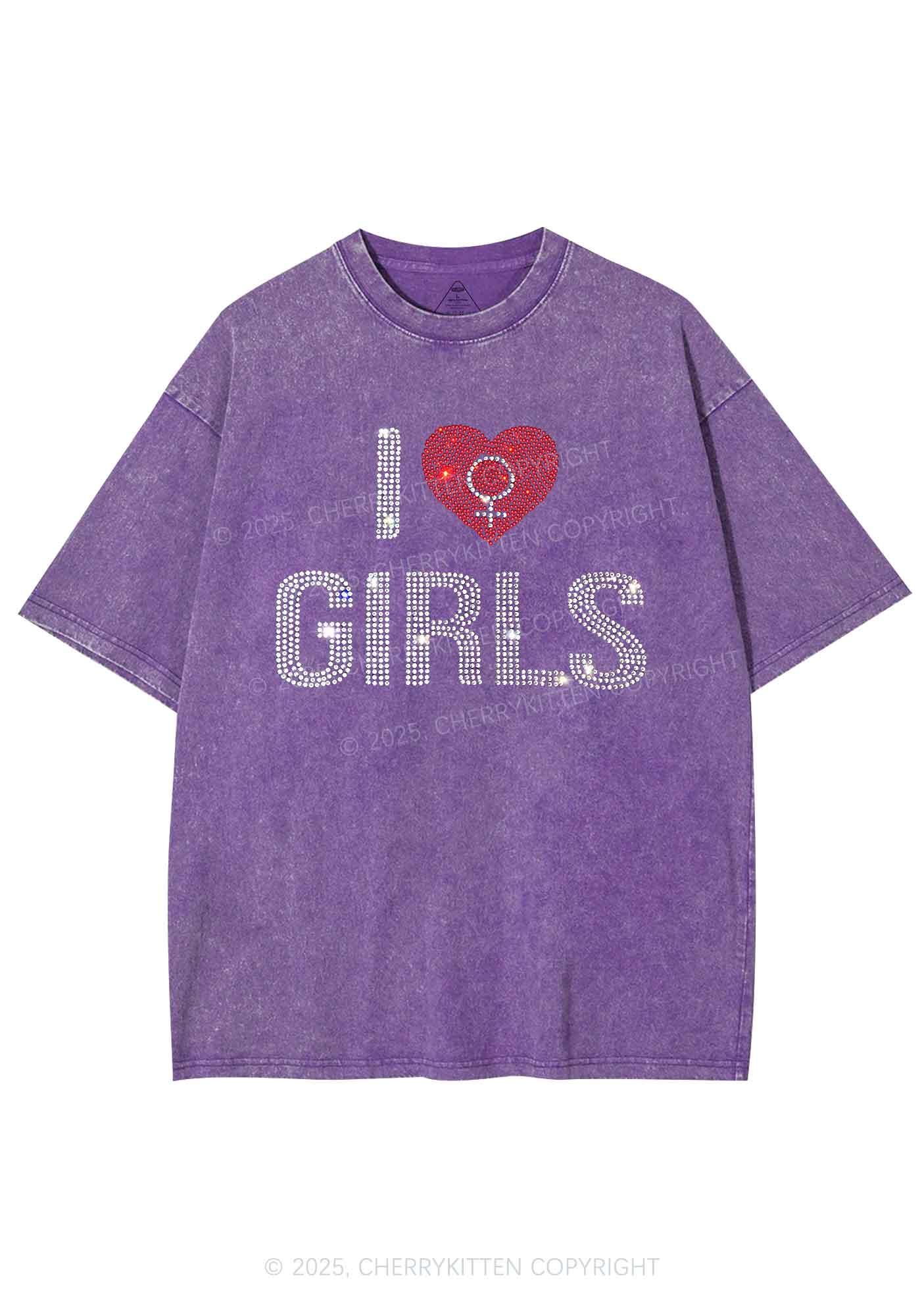 Rhinestone I Love Girls Pride Y2K Shirts Washed Tee Cherrykitten