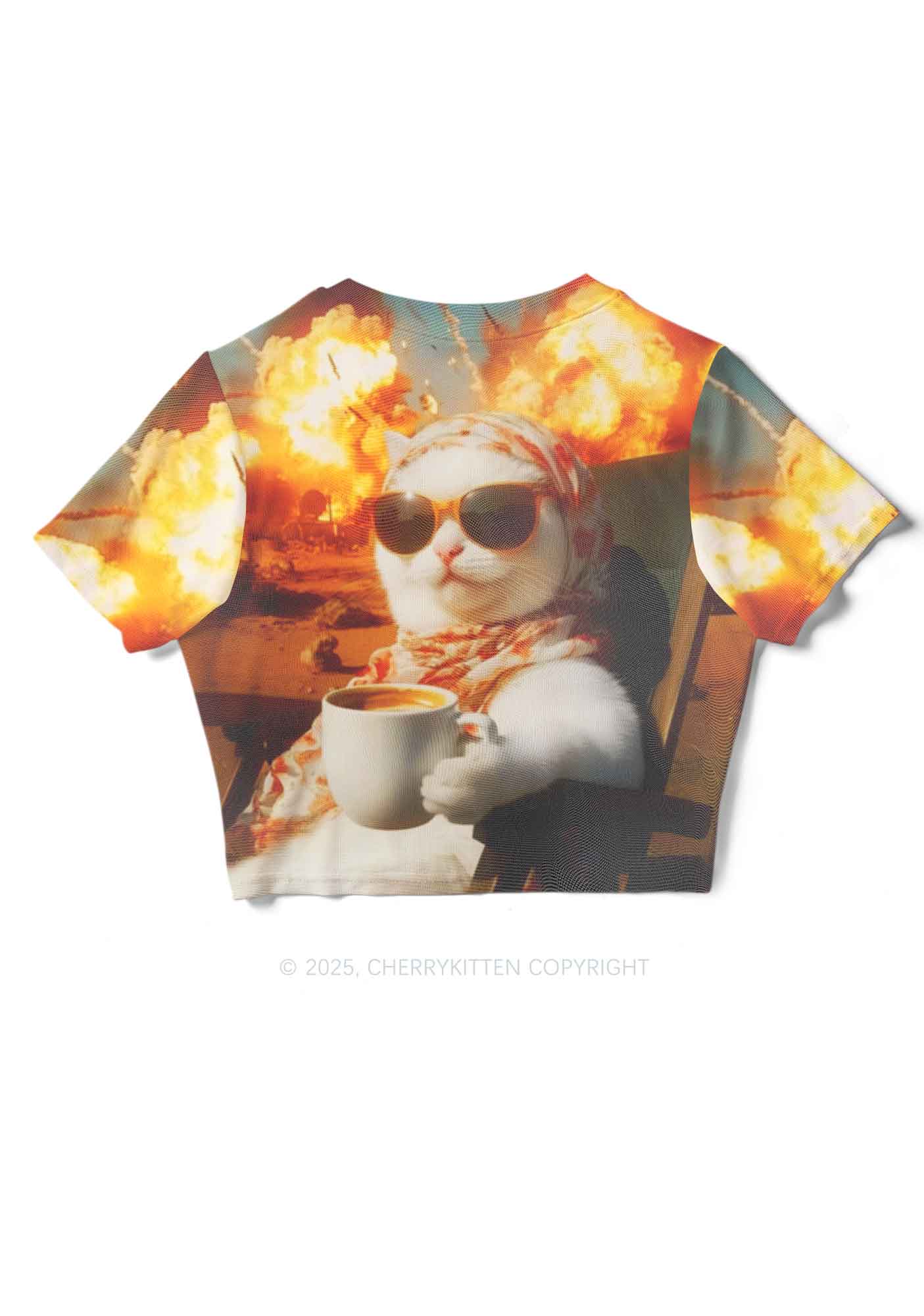 Cool Cat Enjoying Coffee Y2K Mesh Crop Top Cherrykitten