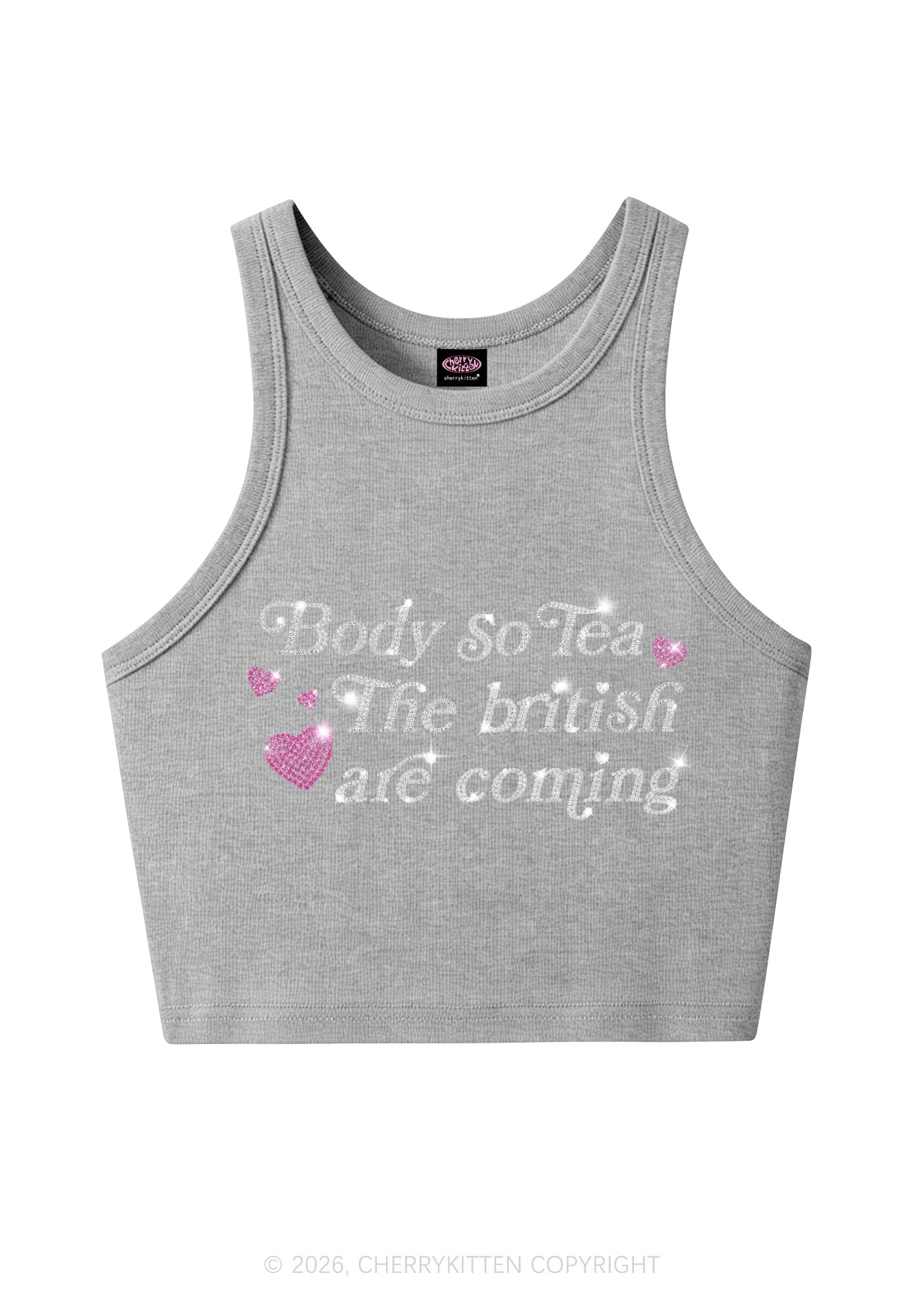 Rhinestone Body So Tea Y2K Crop Tank Top Cherrykitten