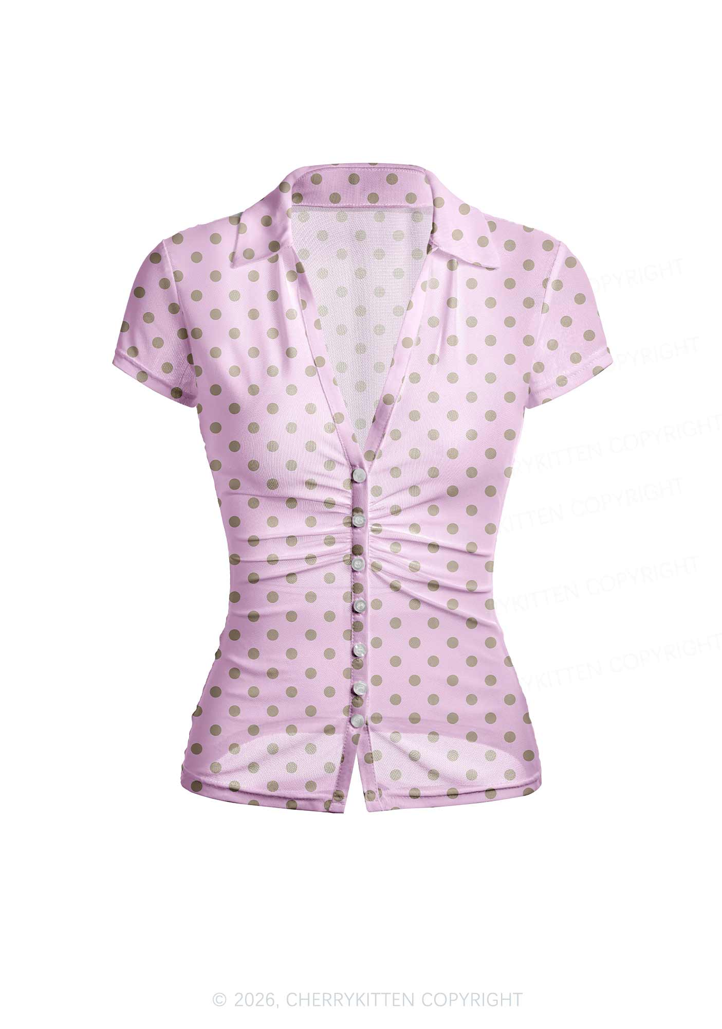 Brown Dots On Pink Y2K Mesh Ruched Waist V Neck Top Cherrykitten