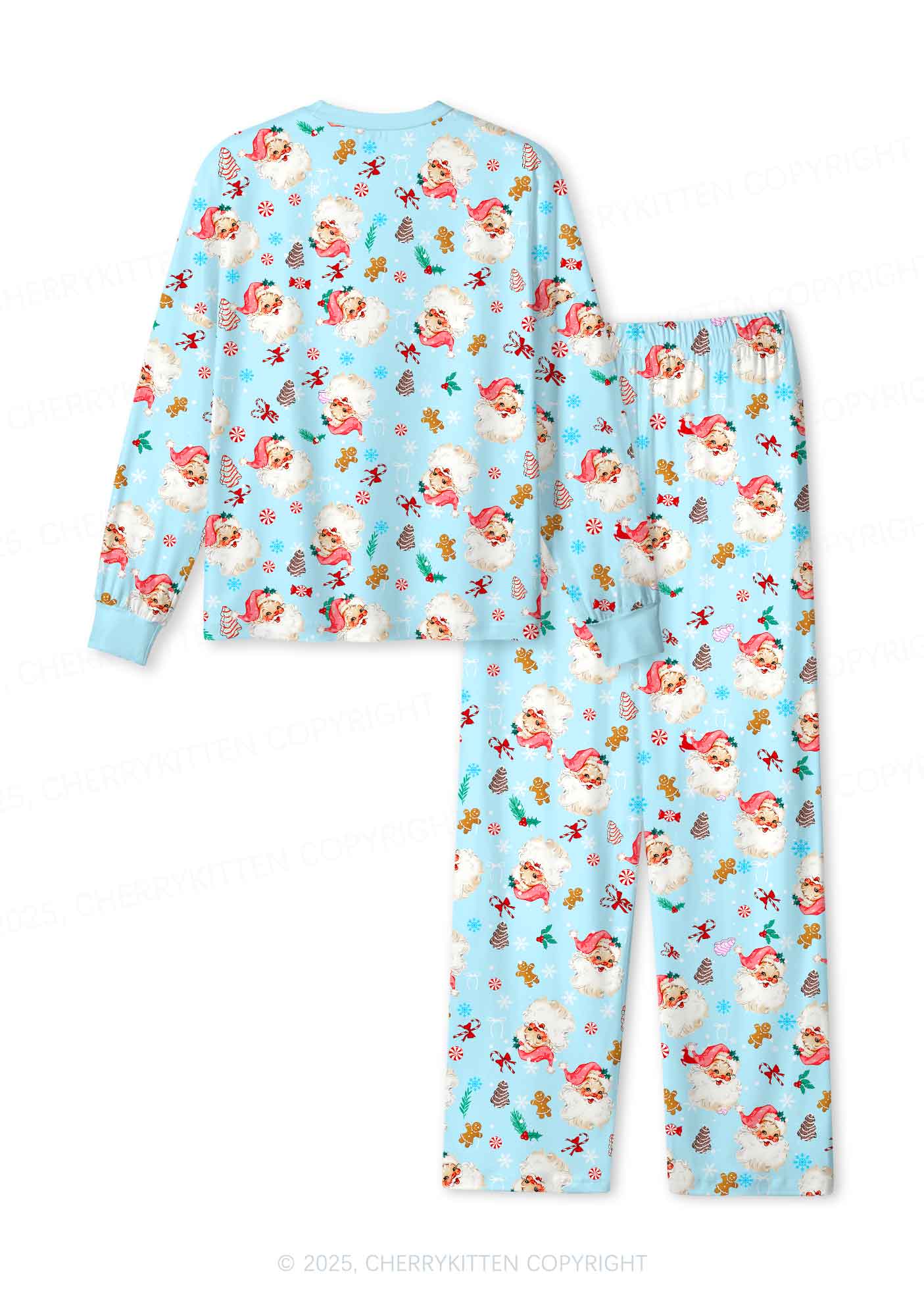 Christmas Blue Santa Y2K Print Long Sleeve Pajama Set Cherrykitten