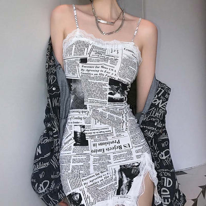 Y2K Stylish Newspaper Print Slip Dress Cherrykitten