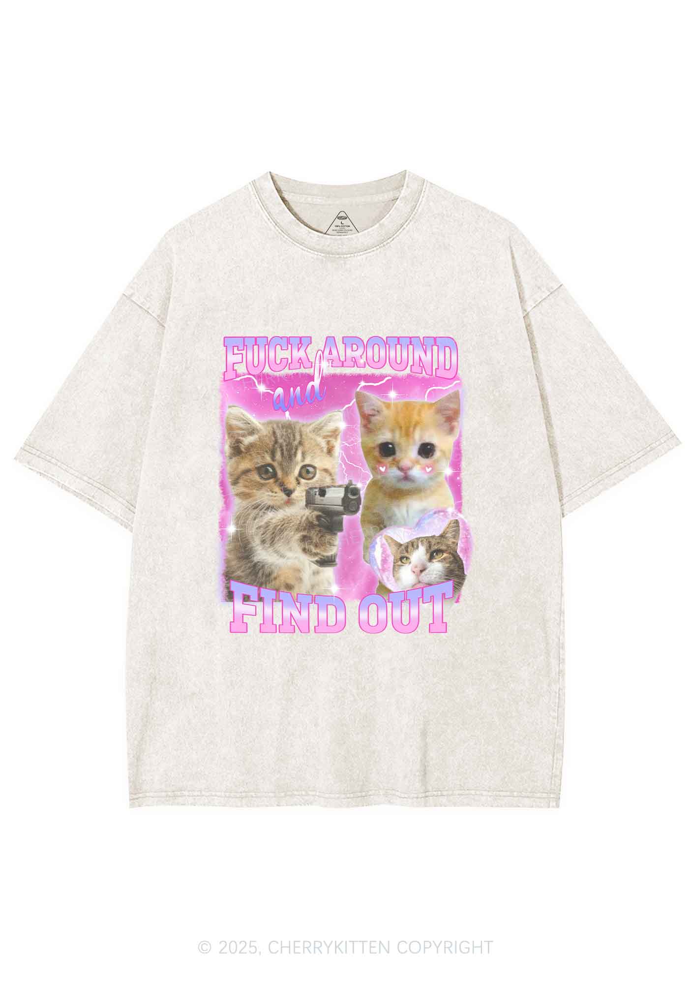 Fxxk Around Cats Y2K Shirts Washed Tee Cherrykitten