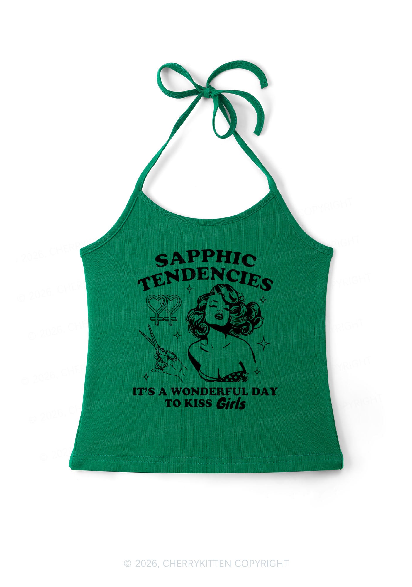 Sapphic Tendencies Kiss Girls Pride Y2K Halter Neck Cami Cherrykitten