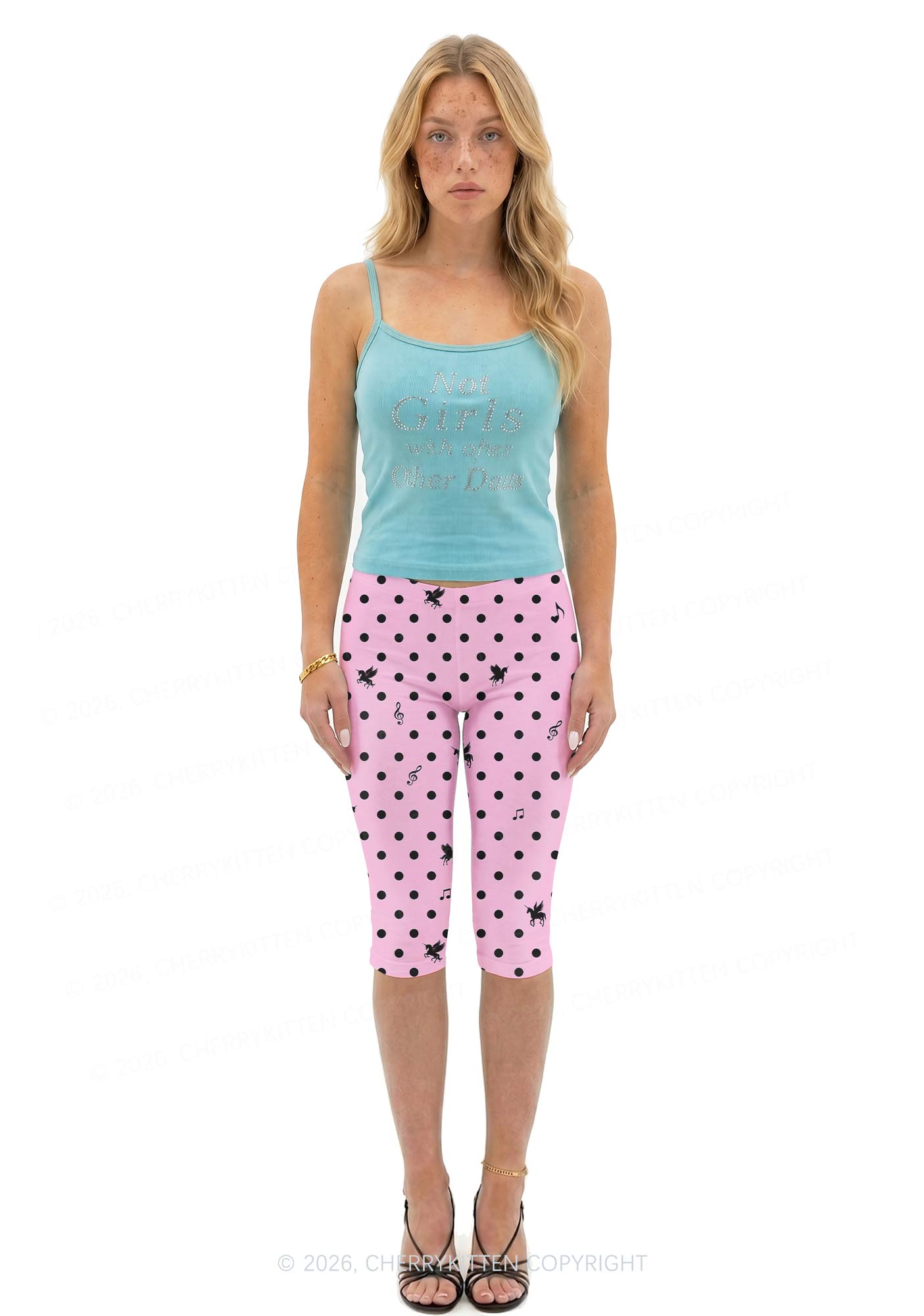 Pink Polka Dot Unicorn Y2K Print Capri Pants Cherrykitten