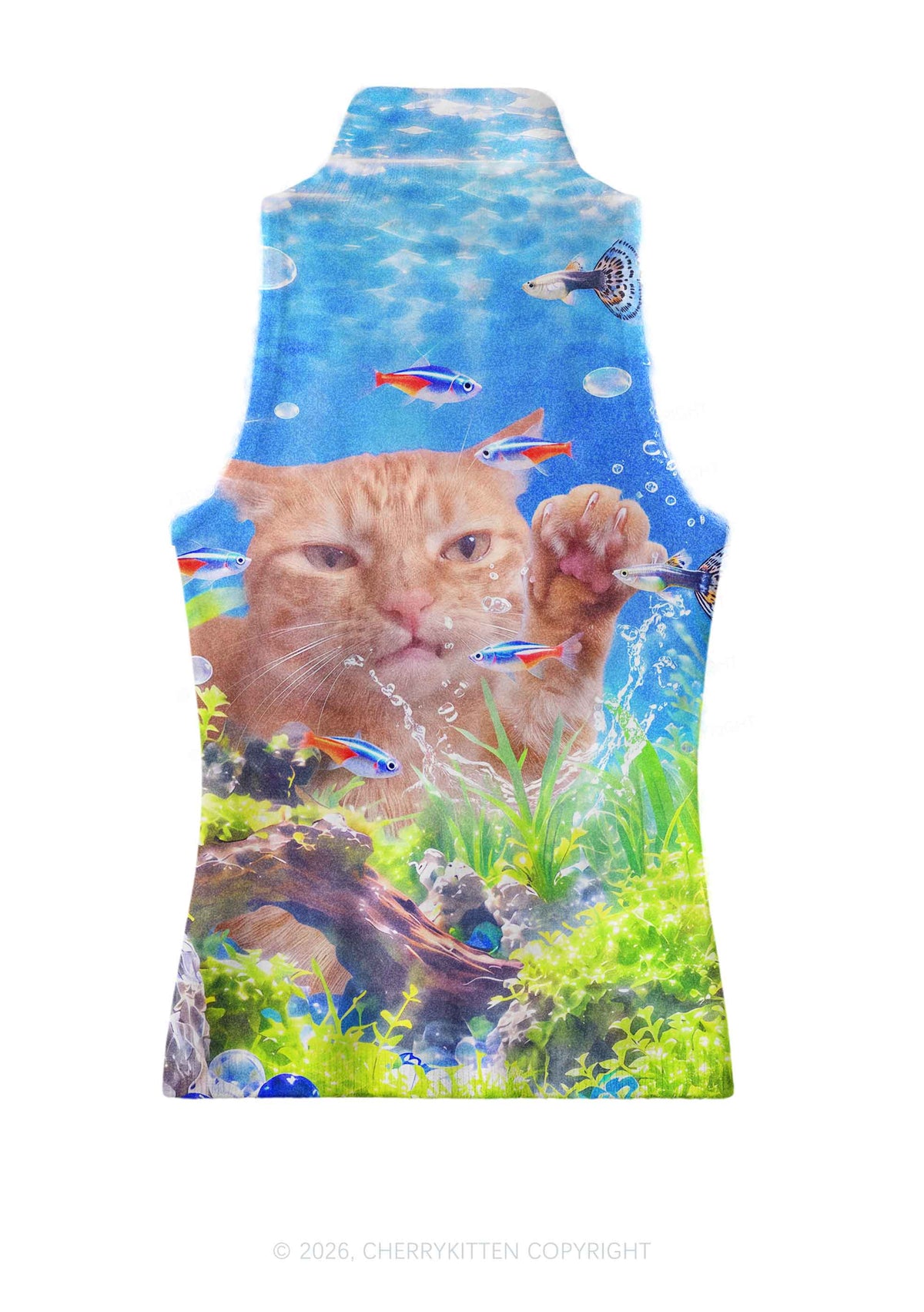 Cat Inside Aquarium Y2K Knit Turtleneck Tank Top Cherrykitten