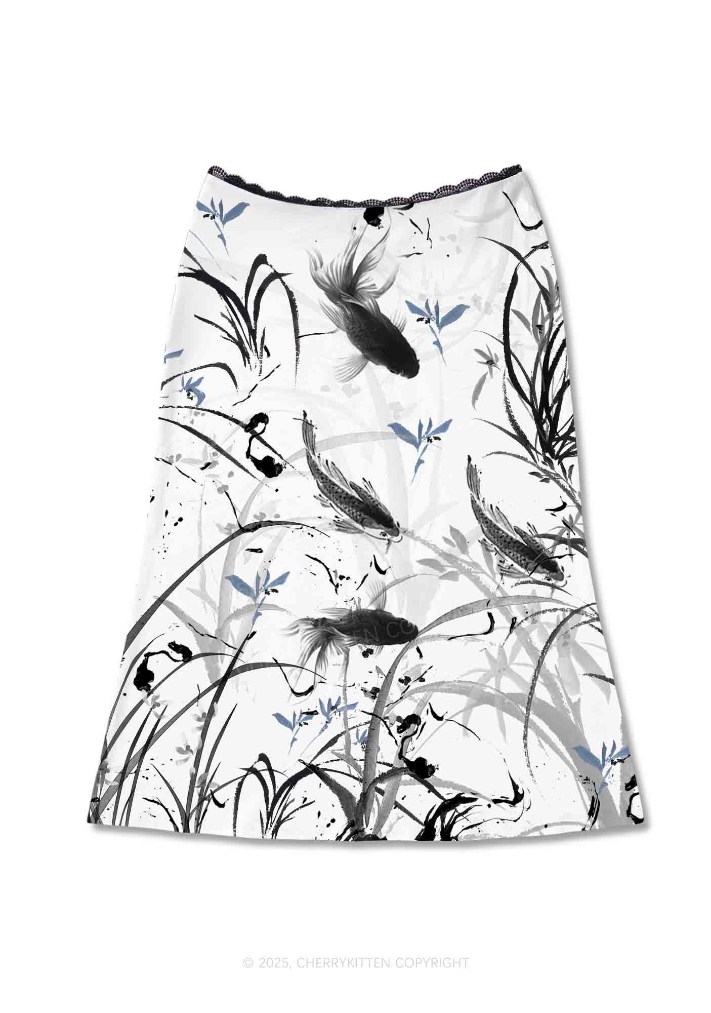 Ink Carp Y2K Print Midi Skirt Cherrykitten