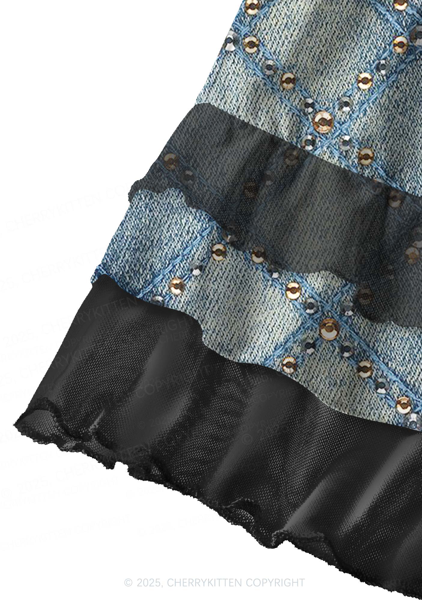 Denim Sparkle Y2K Print Mini Layered Skirt Cherrykitten