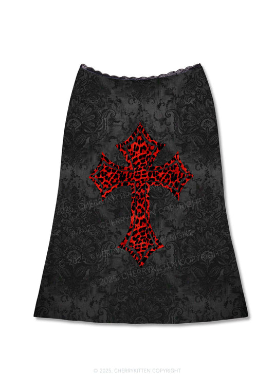 Dark Leopard Cross Y2K Print Midi Skirt Cherrykitten