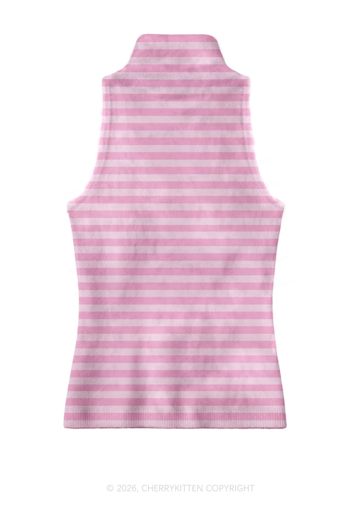 Light Pink White Stripes Y2K Knit Turtleneck Tank Top Cherrykitten