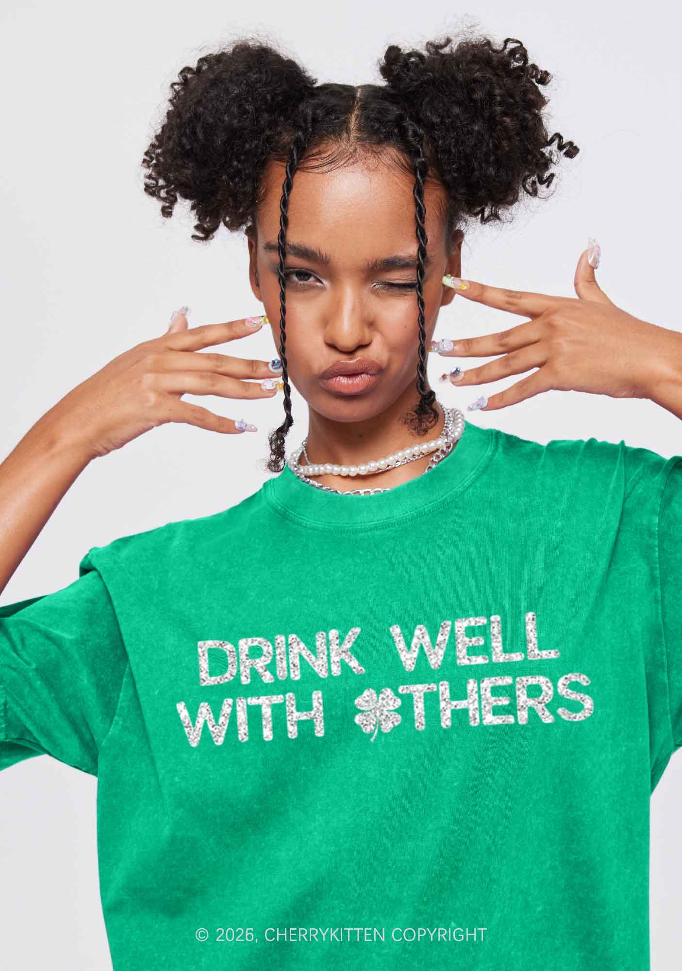 Glitter Drinks Well With Others St Patricks Y2K Shirts Washed Tee Cherrykitten