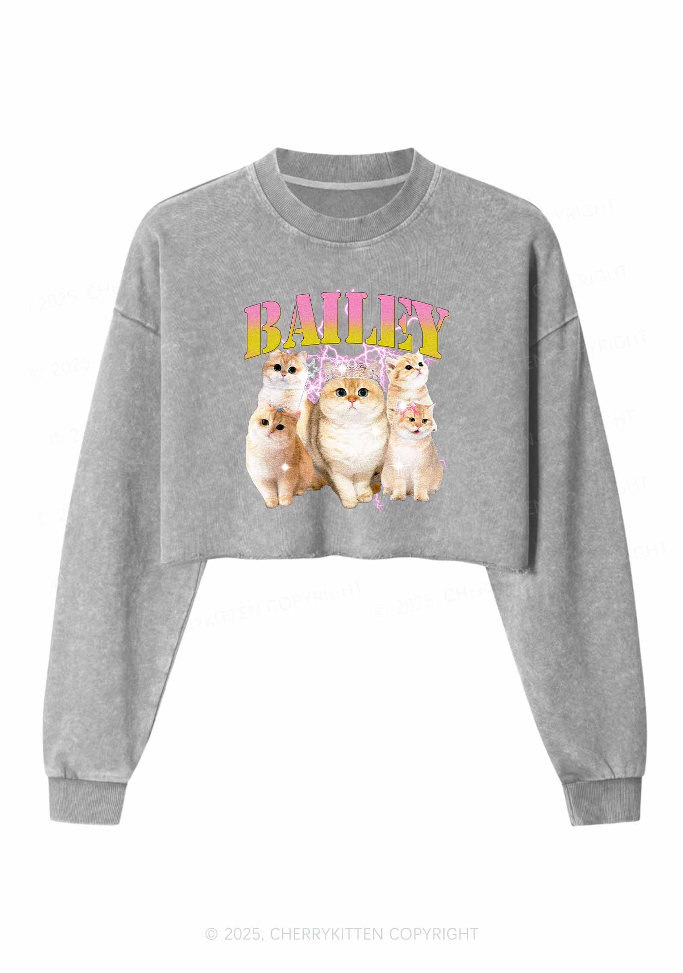 Custom Cat Photo Y2K Crop Washed Sweatshirts Cherrykitten