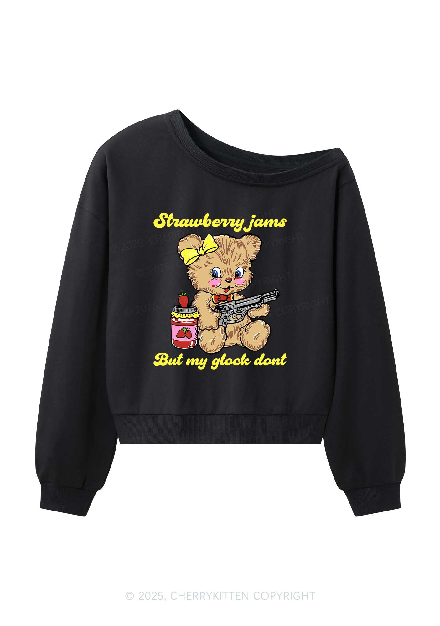 Strawberry Jams Bear Y2K Off Shoulder Sweatshirts Cherrykitten