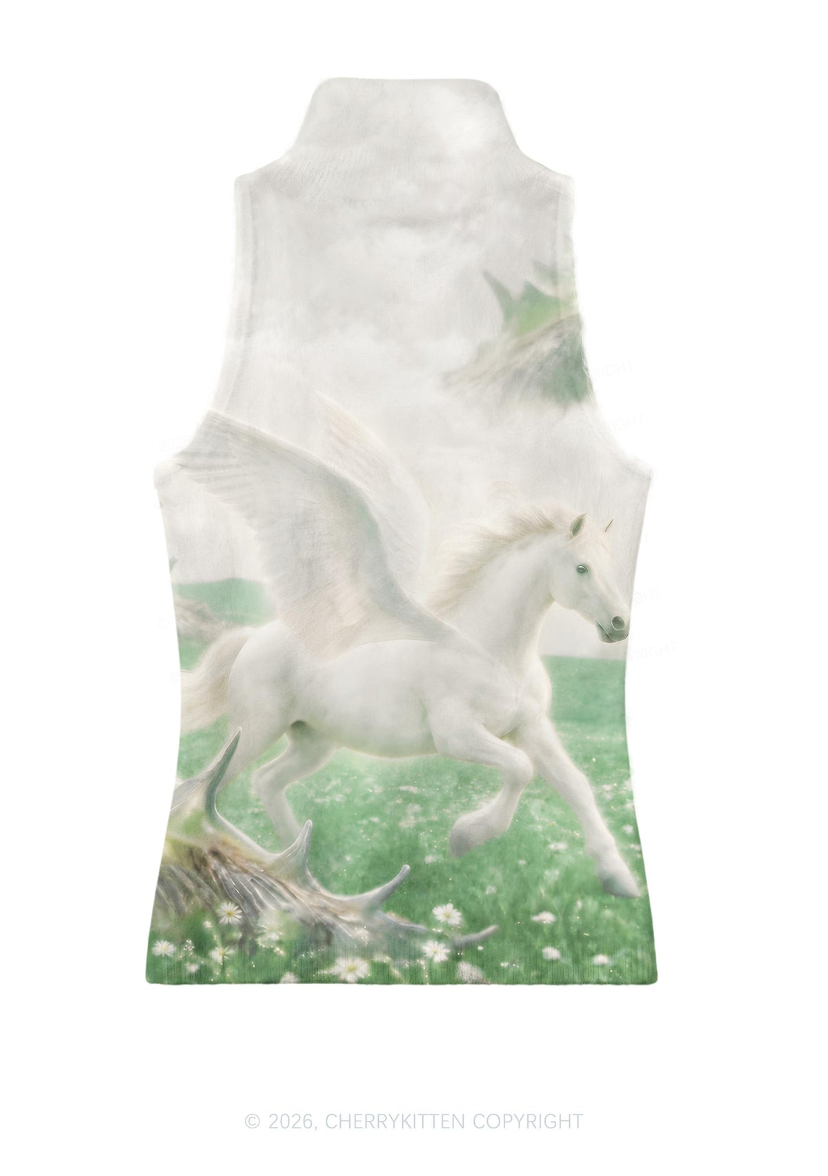 White Winged Horse On Meadow Y2K Knit Turtleneck Tank Top Cherrykitten