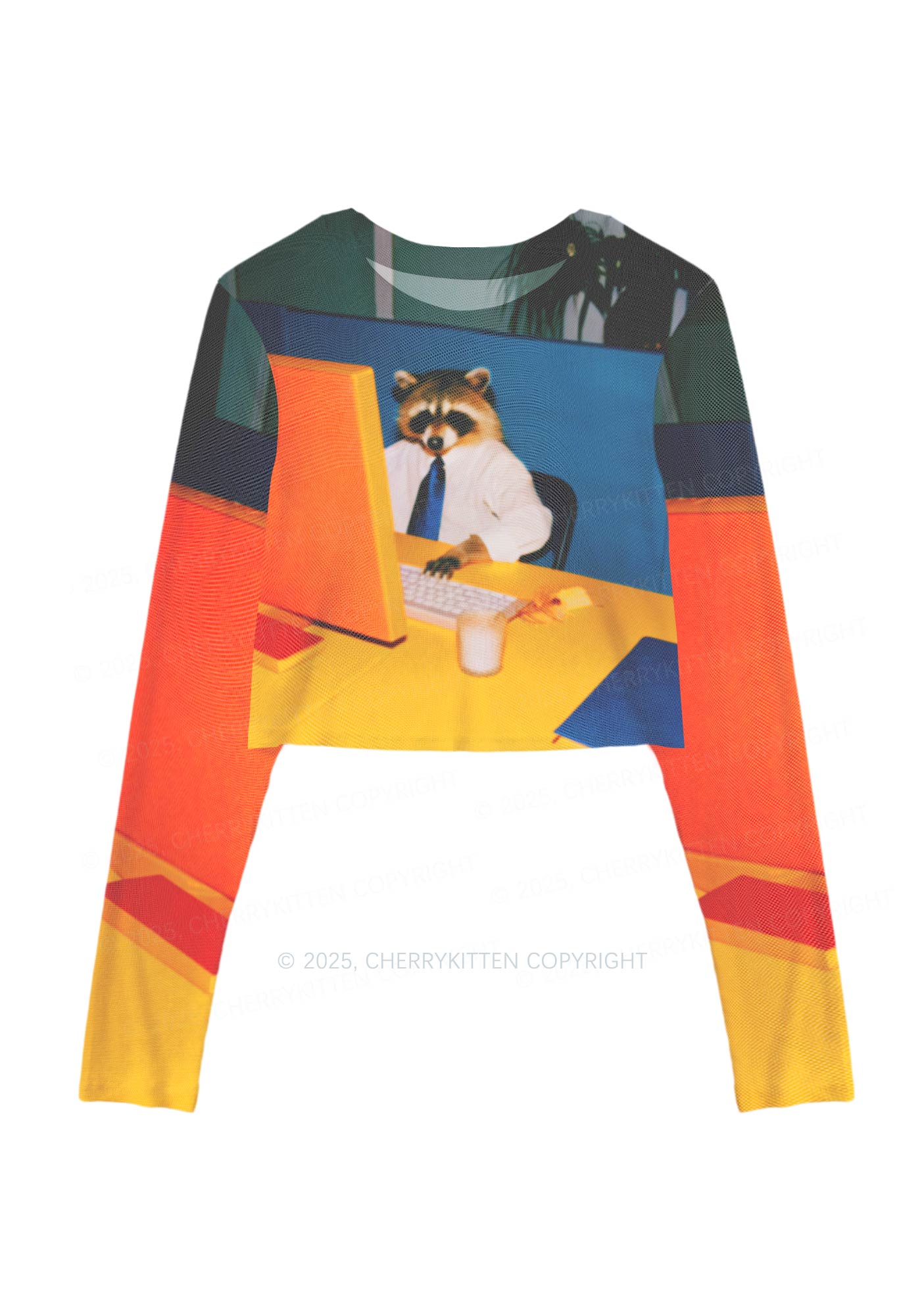 Office Raccoon Y2K Mesh Long Sleeve Crop Top Cherrykitten