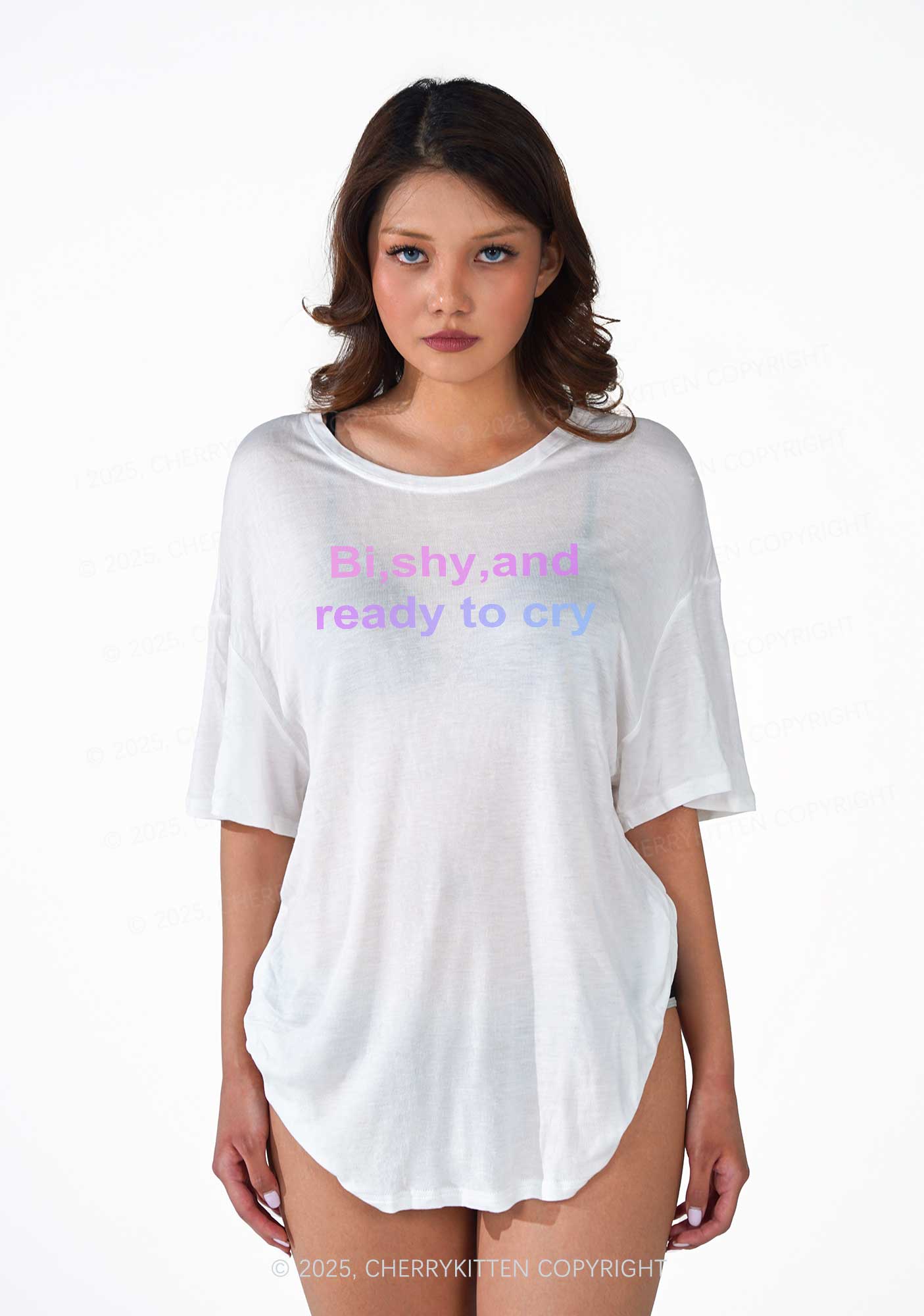 Bi Shy And Ready To Cry Pride Y2K Sheer Boyfriend Tee Cherrykitten