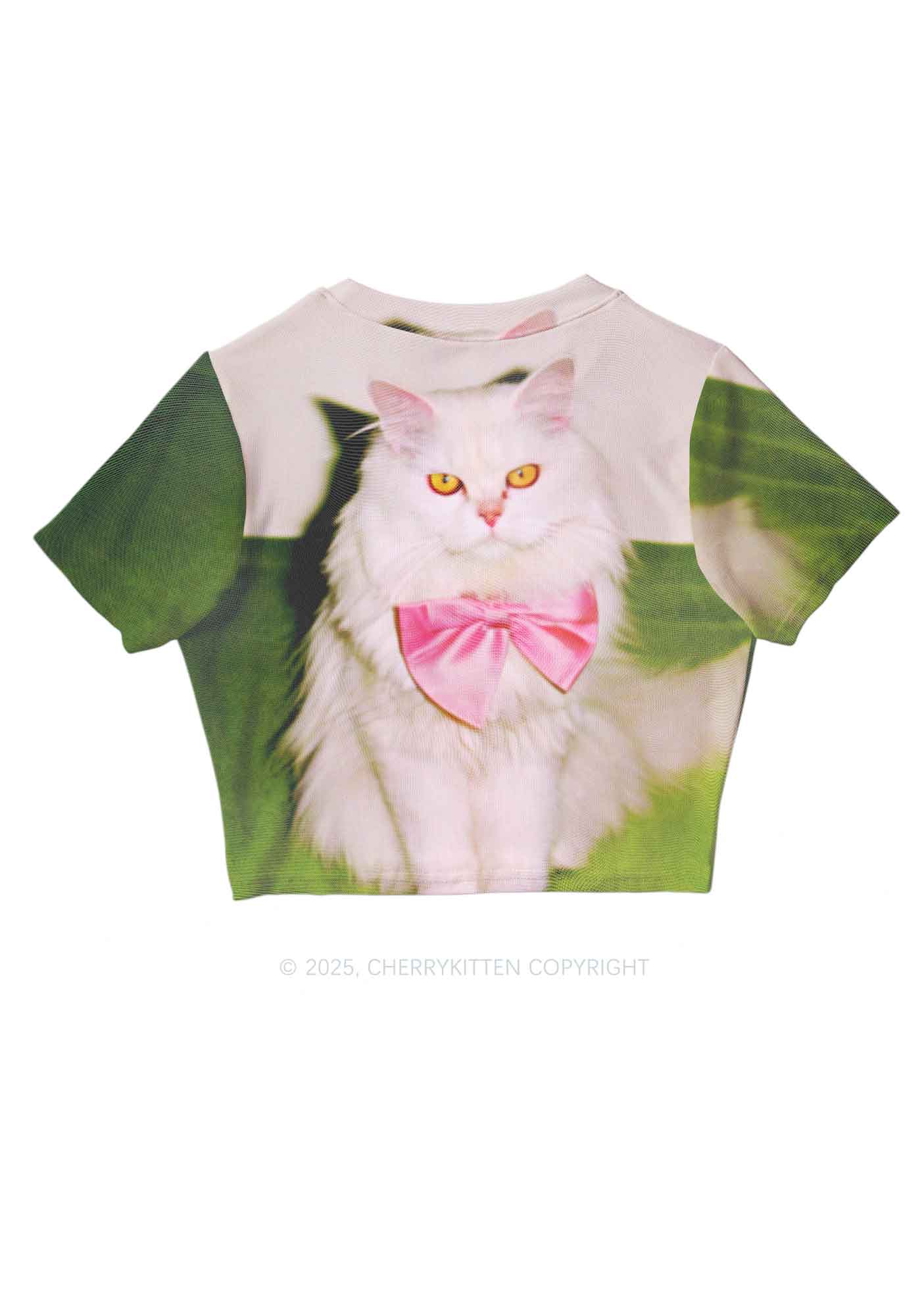 Pink Bow Cat Y2K Mesh Crop Top Cherrykitten