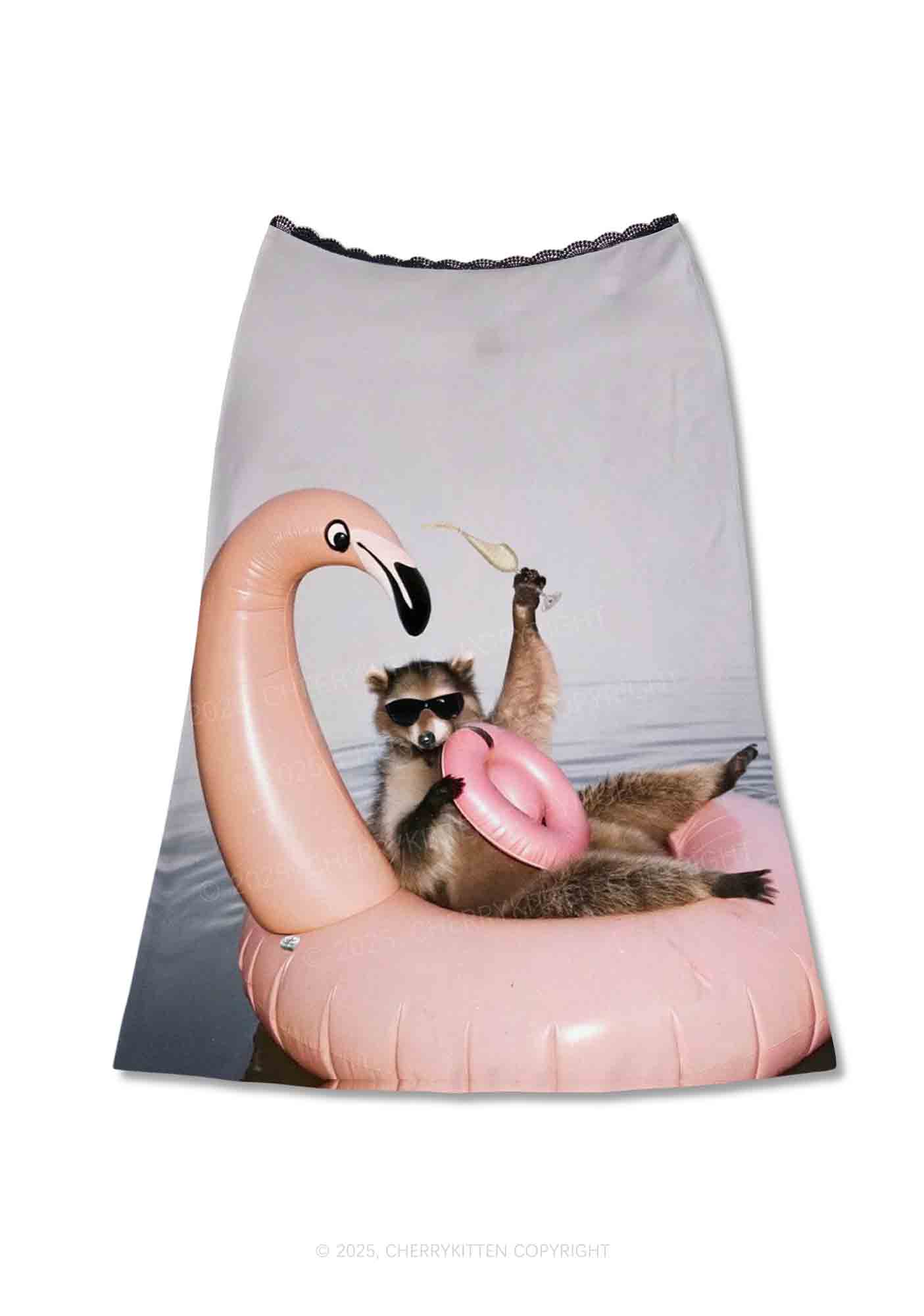 Flamingo Raccoon Y2K Print Midi Skirt Cherrykitten