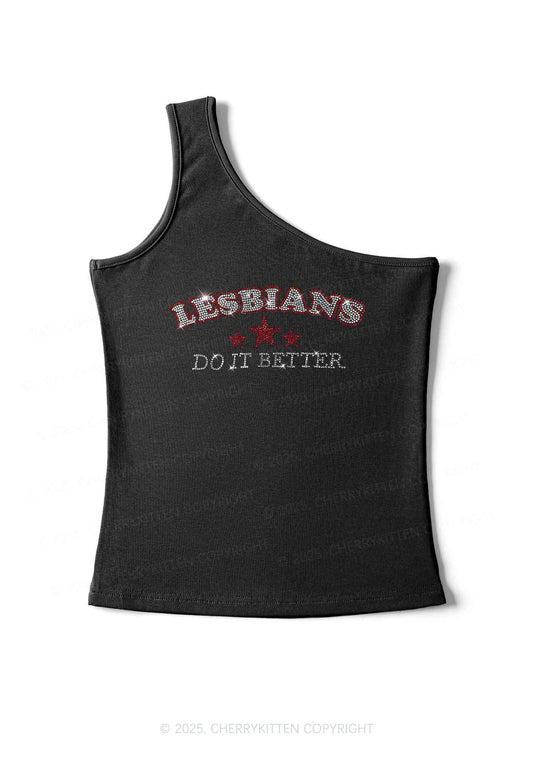 Rhinestone Lesbians Do It Better Pride Y2K One Shoulder Tank Top Cherrykitten