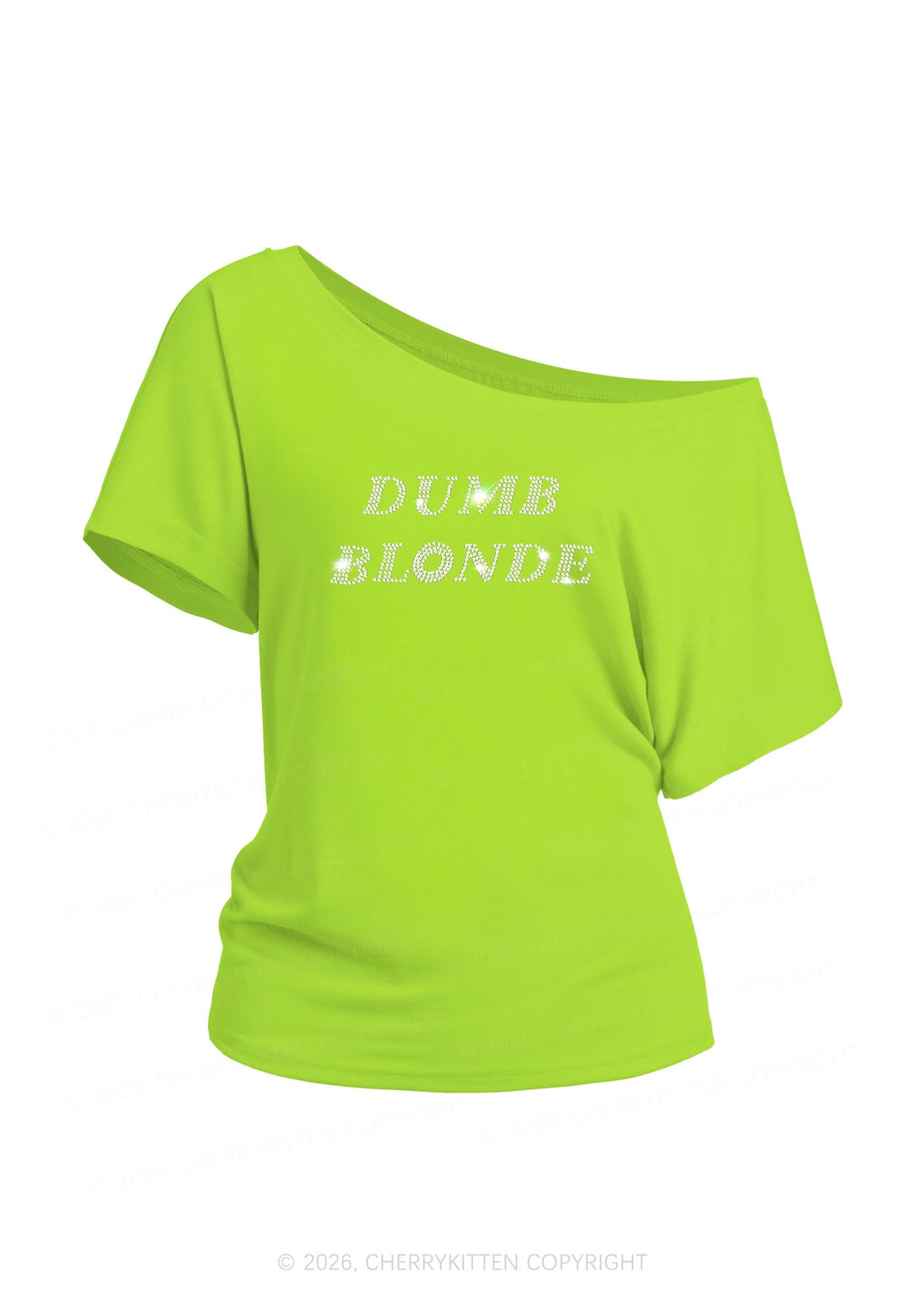 Rhinestone Dumb Blonde Y2K Off Shoulder Tee Cherrykitten