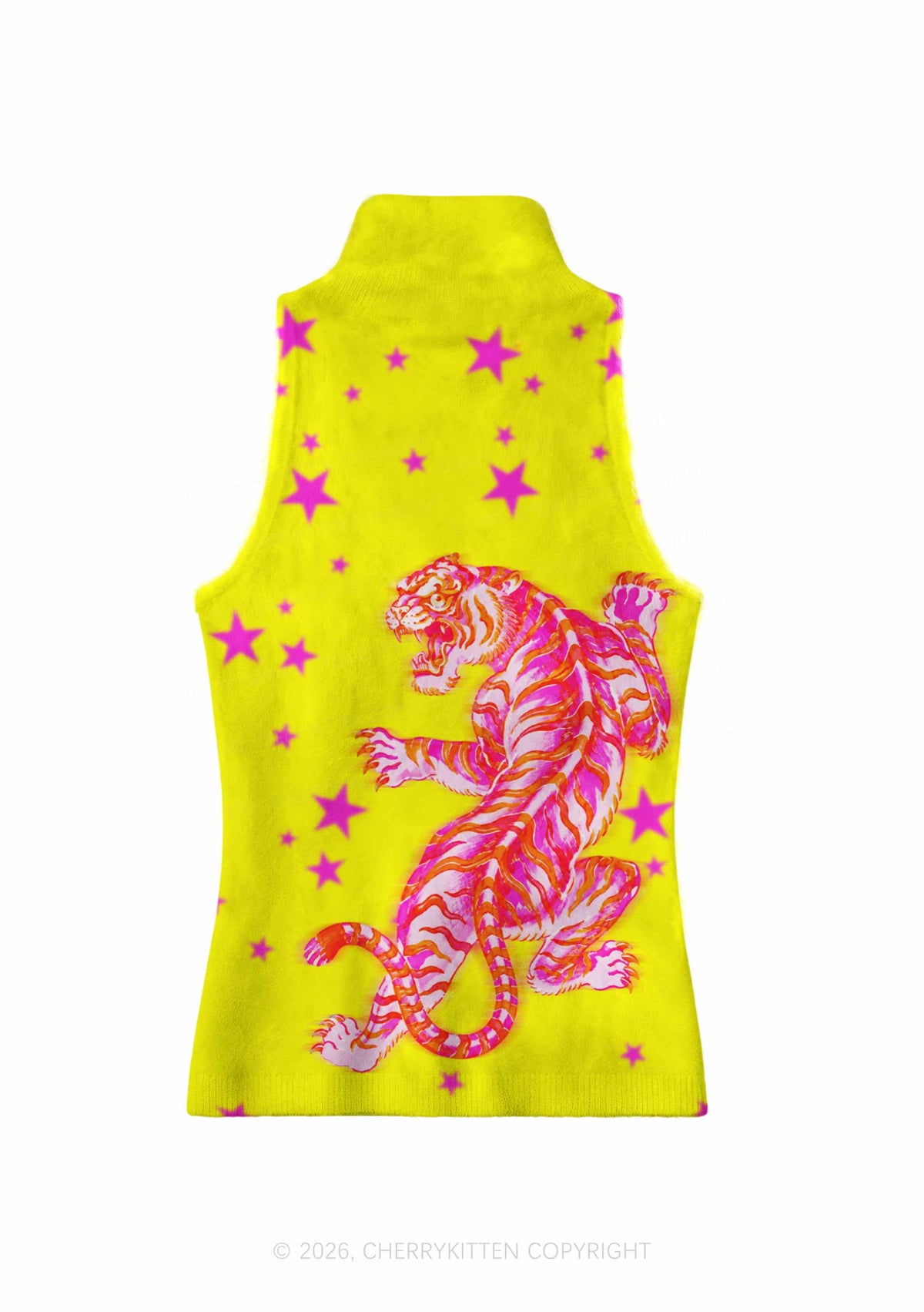 Vintage Tiger Stars Y2K Knit Turtleneck Tank Top Cherrykitten