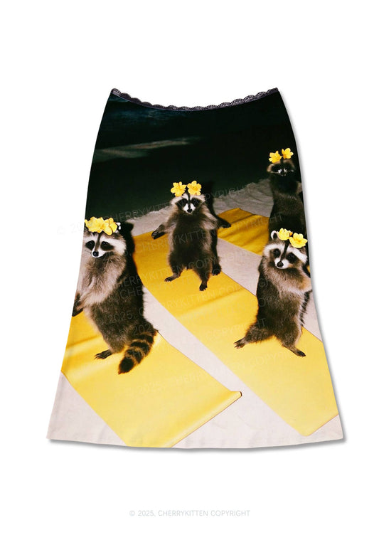 Yoga Raccoon Y2K Print Midi Skirt Cherrykitten
