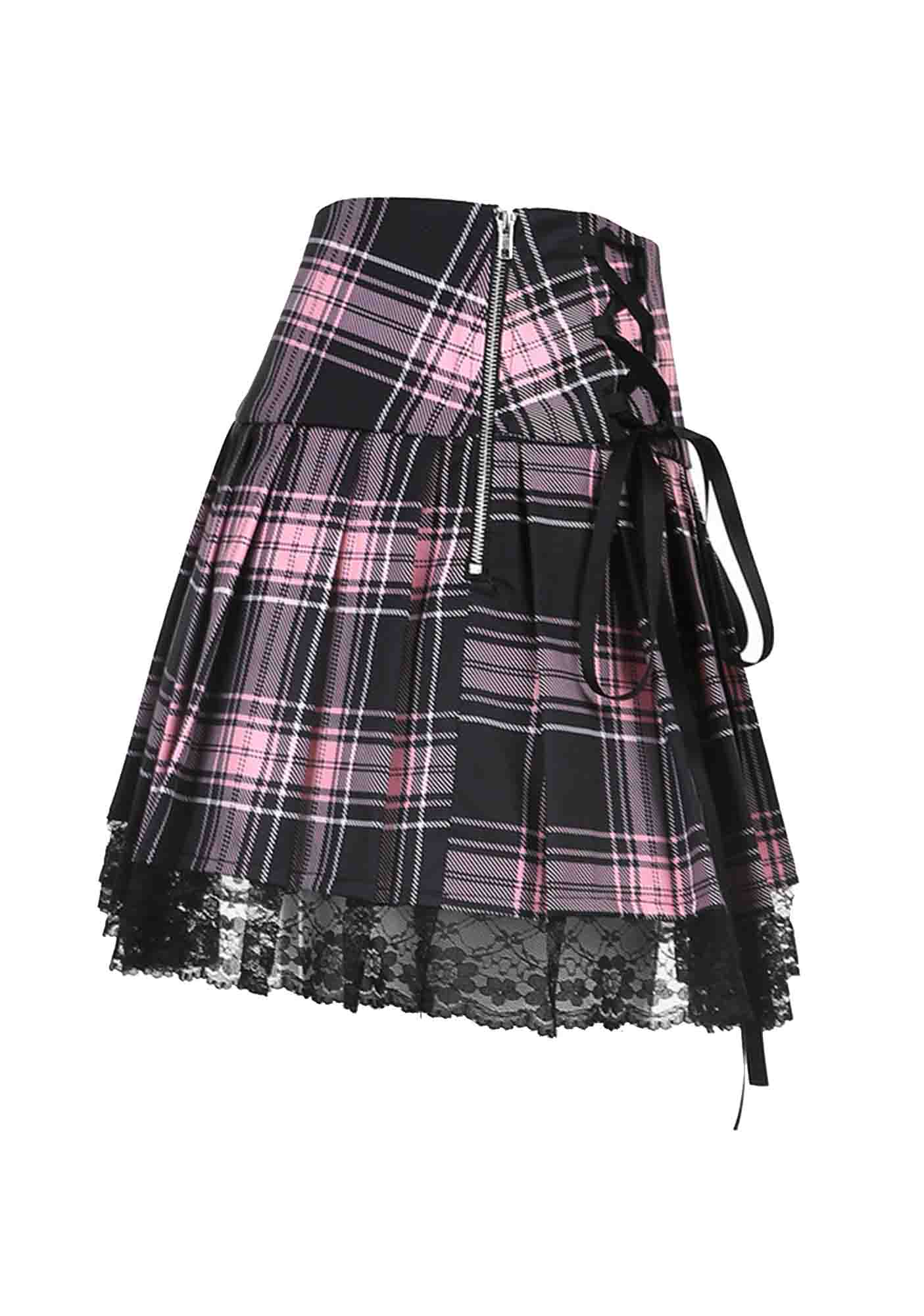 Y2K High Waist Pink Plaid Pleated Lace Up Skirt Cherrykitten
