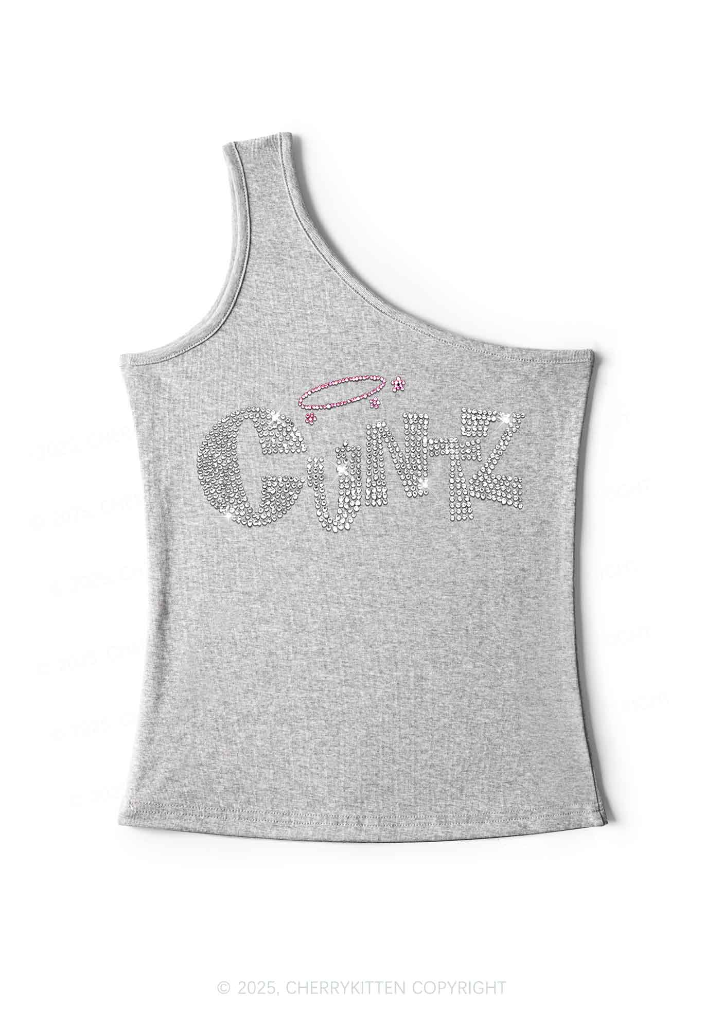 Rhinestone Cxntz Y2K One Shoulder Tank Top Cherrykitten