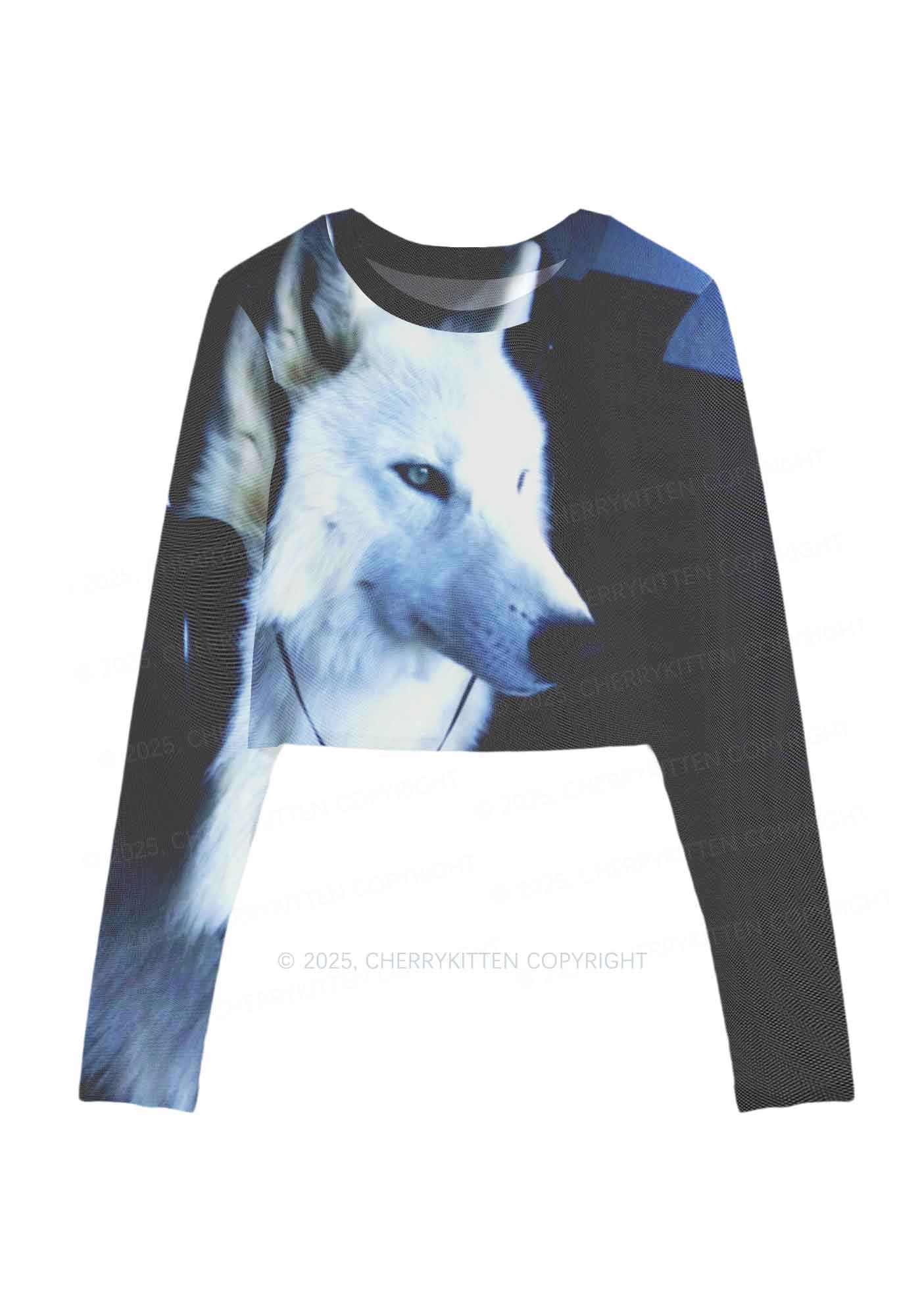 White Wolf Y2K Mesh Long Sleeve Crop Top Cherrykitten